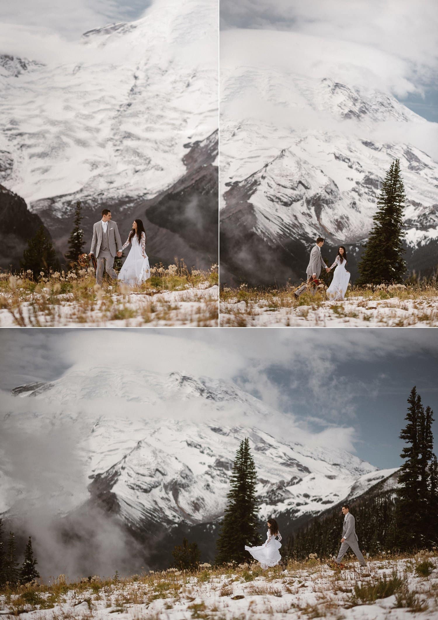 Bride and groom walk through snowy meadow at Mt. Rainier National Park. There are snow-capped mountains and trees in the background. 