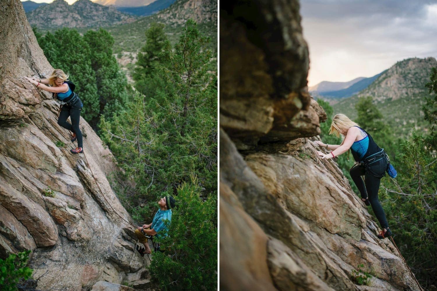 Couple rock climbing in Buena Vista, Colorado. 