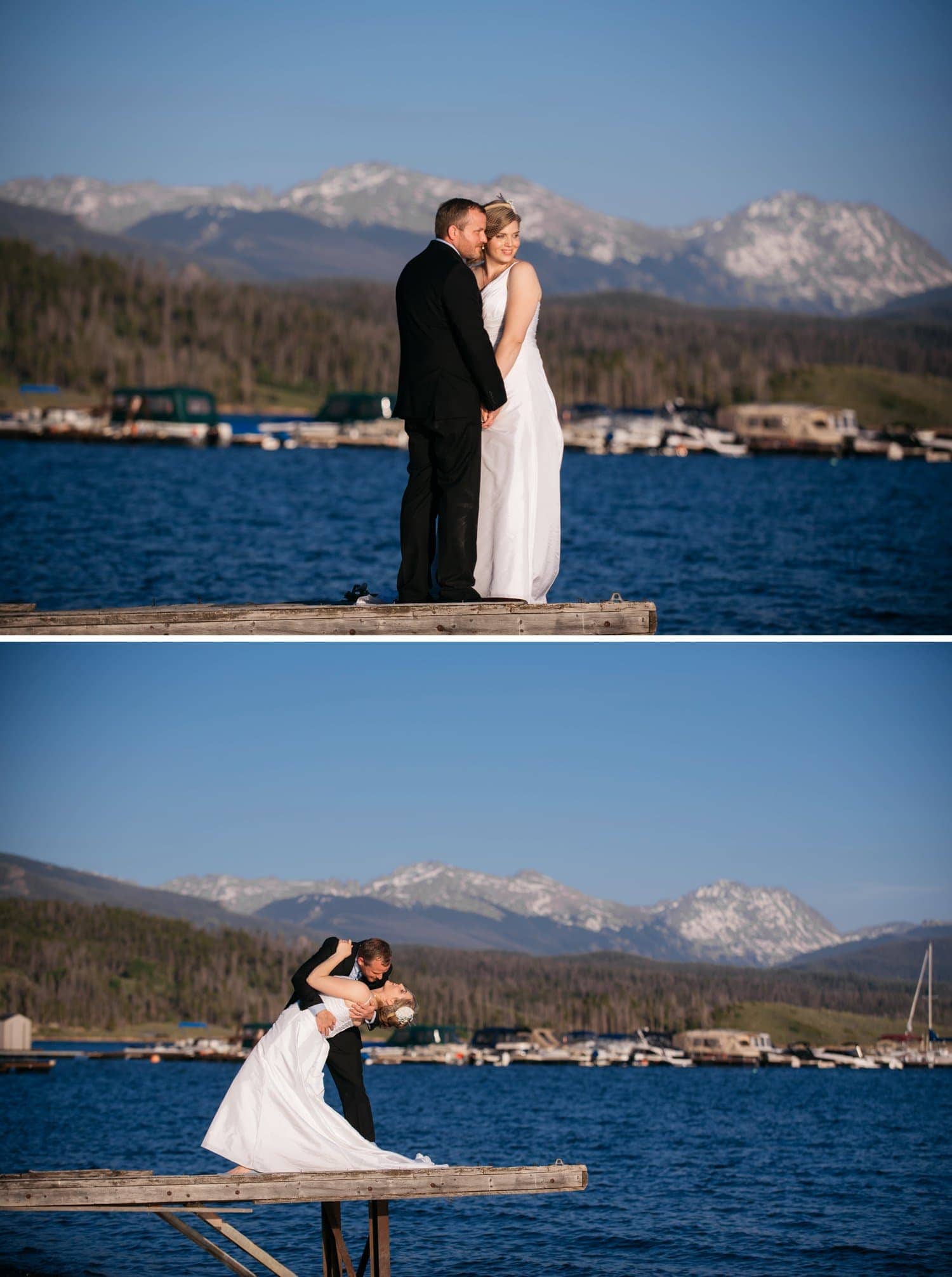 bride and groom hold hands and both face each other. they are standing in front of a lake, with boats and mountains in the background in Grand Lake, Colorado. 