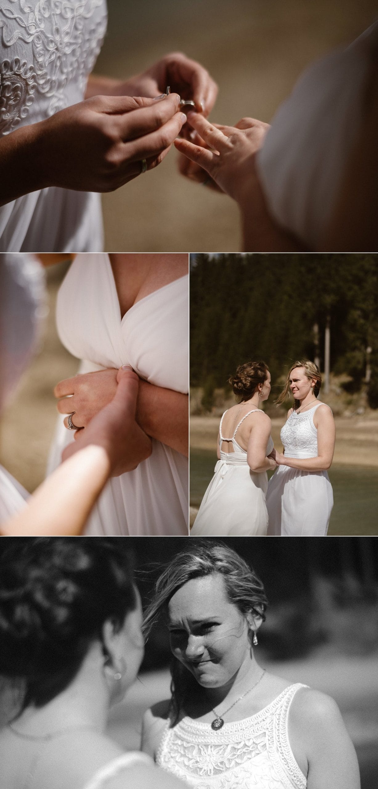 Bride places ring on other brides finger. 