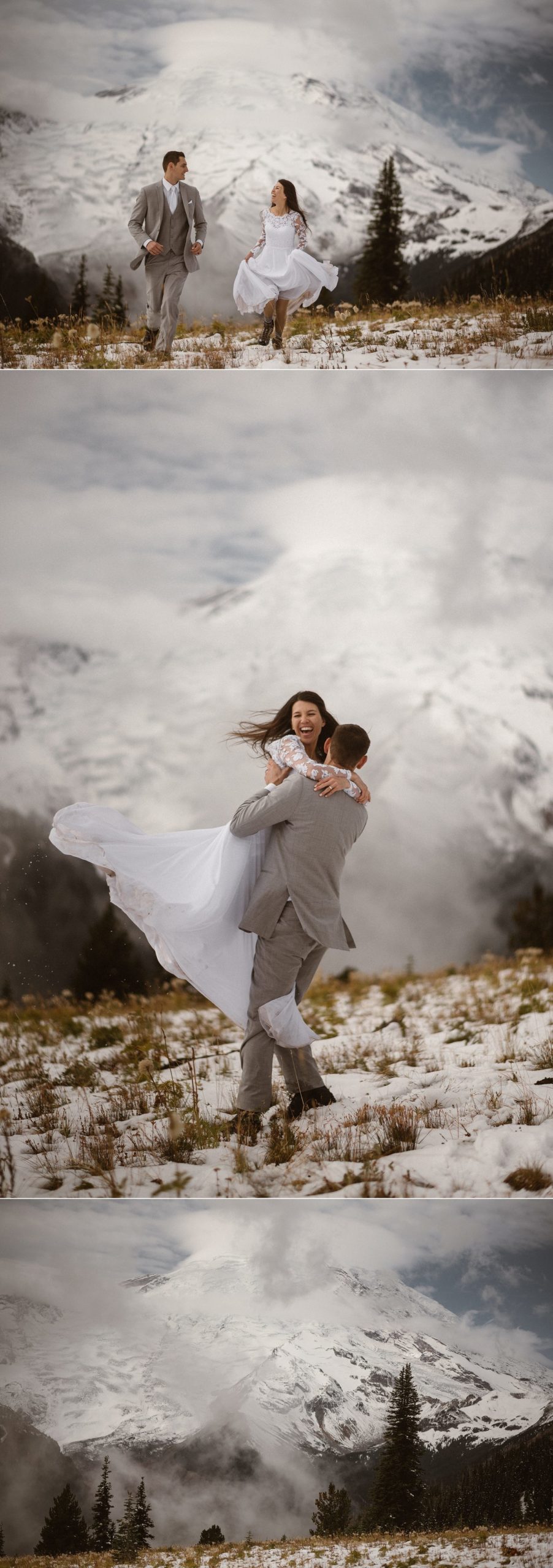 Bride and groom run through snow-covered meadow in Mt. Rainier National park. There are snow-capped mountains in the background. 