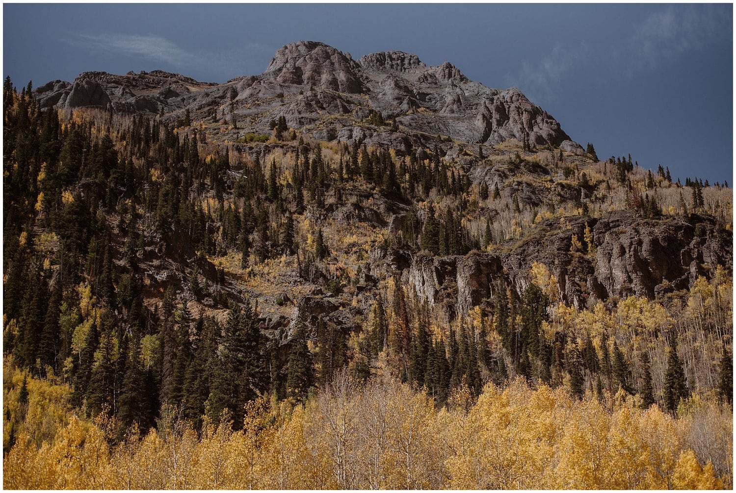 Landscape of mountain with aspen trees and fall colors in Ouray, Colorado. 