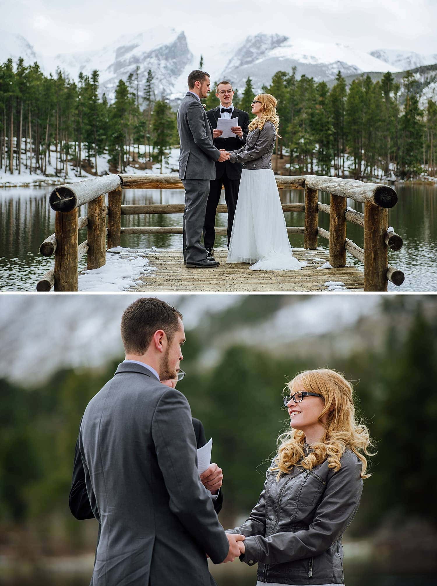 Bride and groom stand on dock, holding hands, during intimate elopement ceremony at Sprague Lake, in Rocky Mountain National Park, Colorado. 