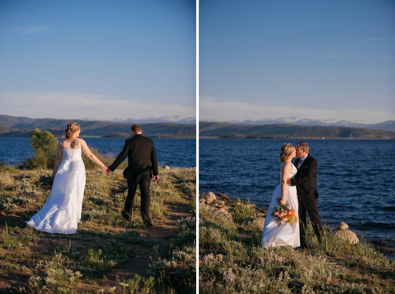 Bride and groom in front of a lake on their elopement day in Grand Lake, Colorado. 