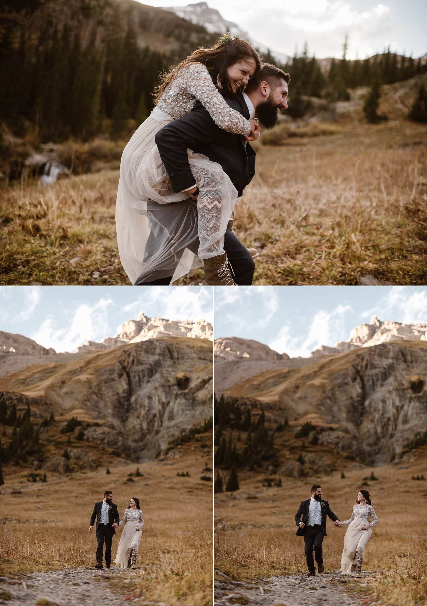 Groom gives bride a piggyback ride at Yankee Boy Basin in Ouray, Colorado. 