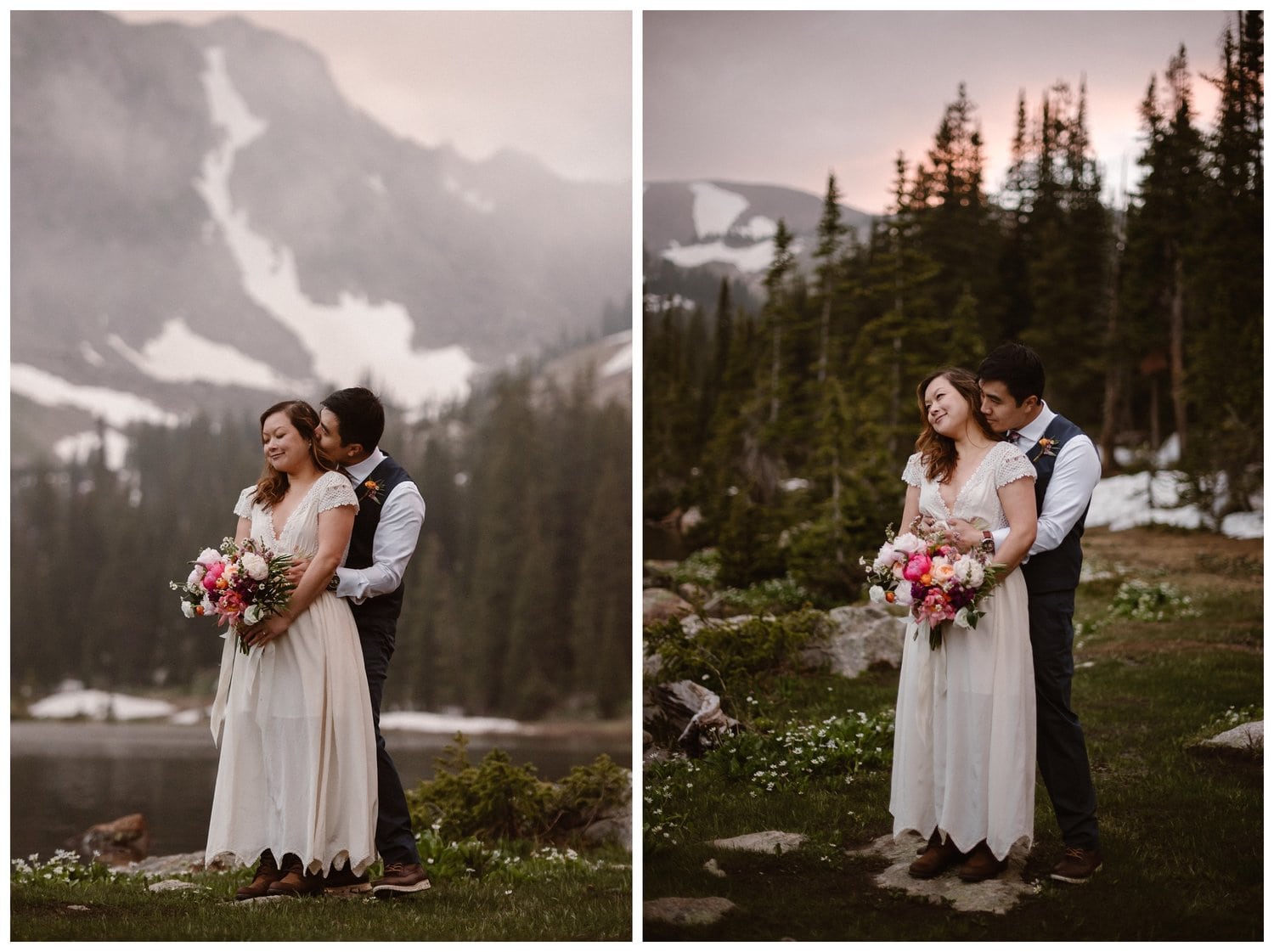Bride and groom embrace while standing in front of a high alpine lake at sunset, near Boulder, Colorado. 