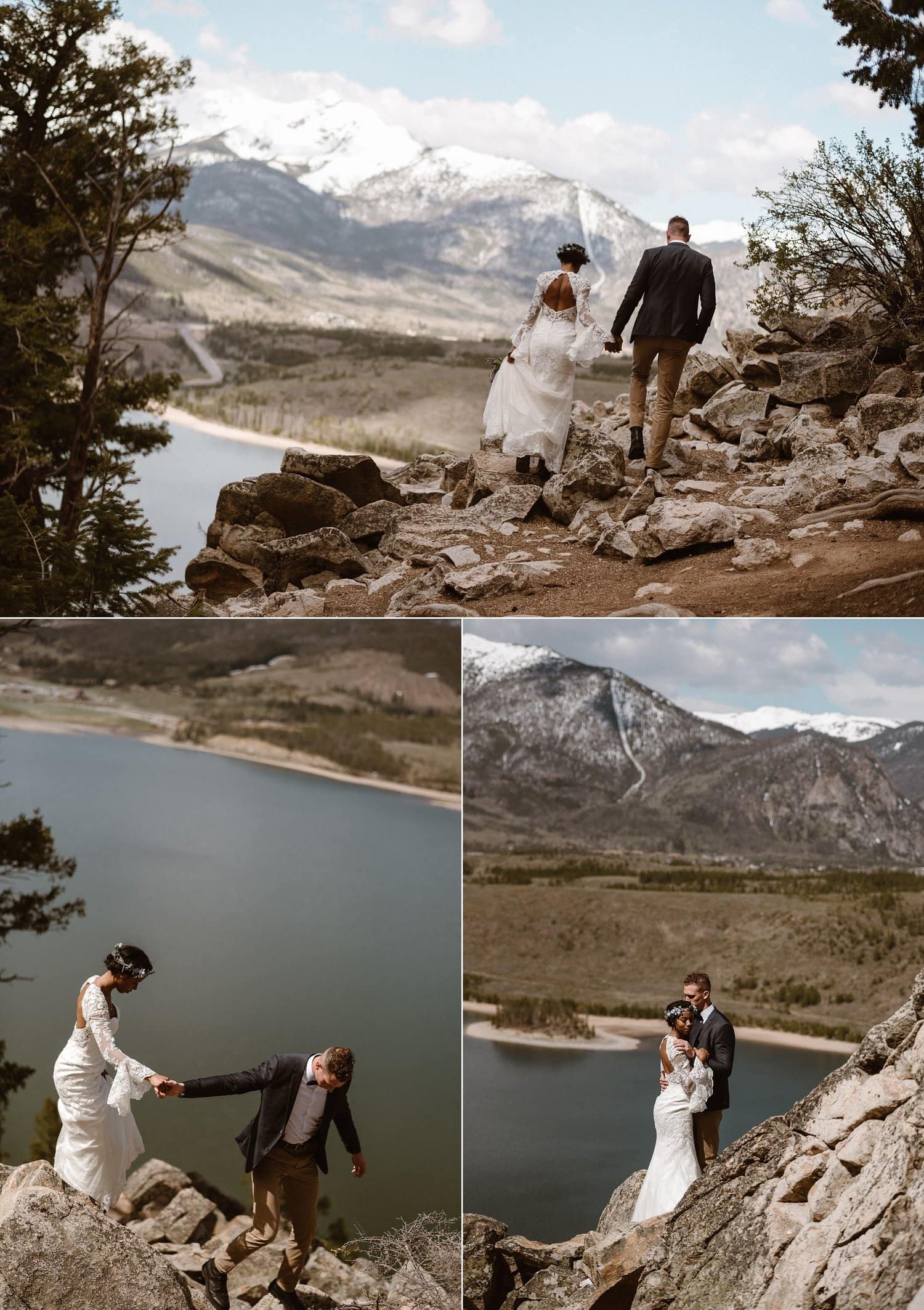 Bride and groom hold hands a hike across rocks at Loveland Pass, in Colorado. There is a lake and mountains in the background. 