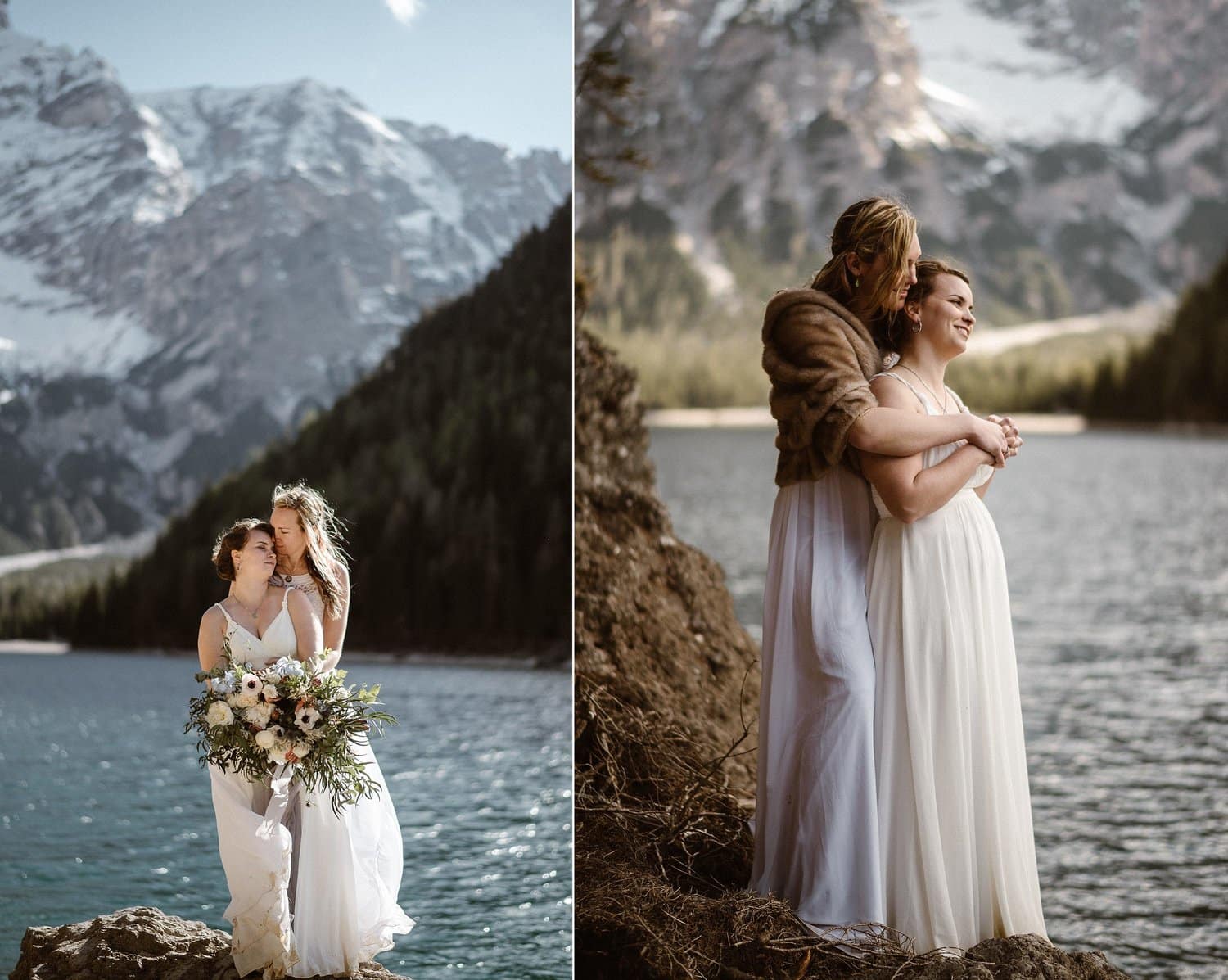 Two brides embrace at Lago De Braies in Italy. 