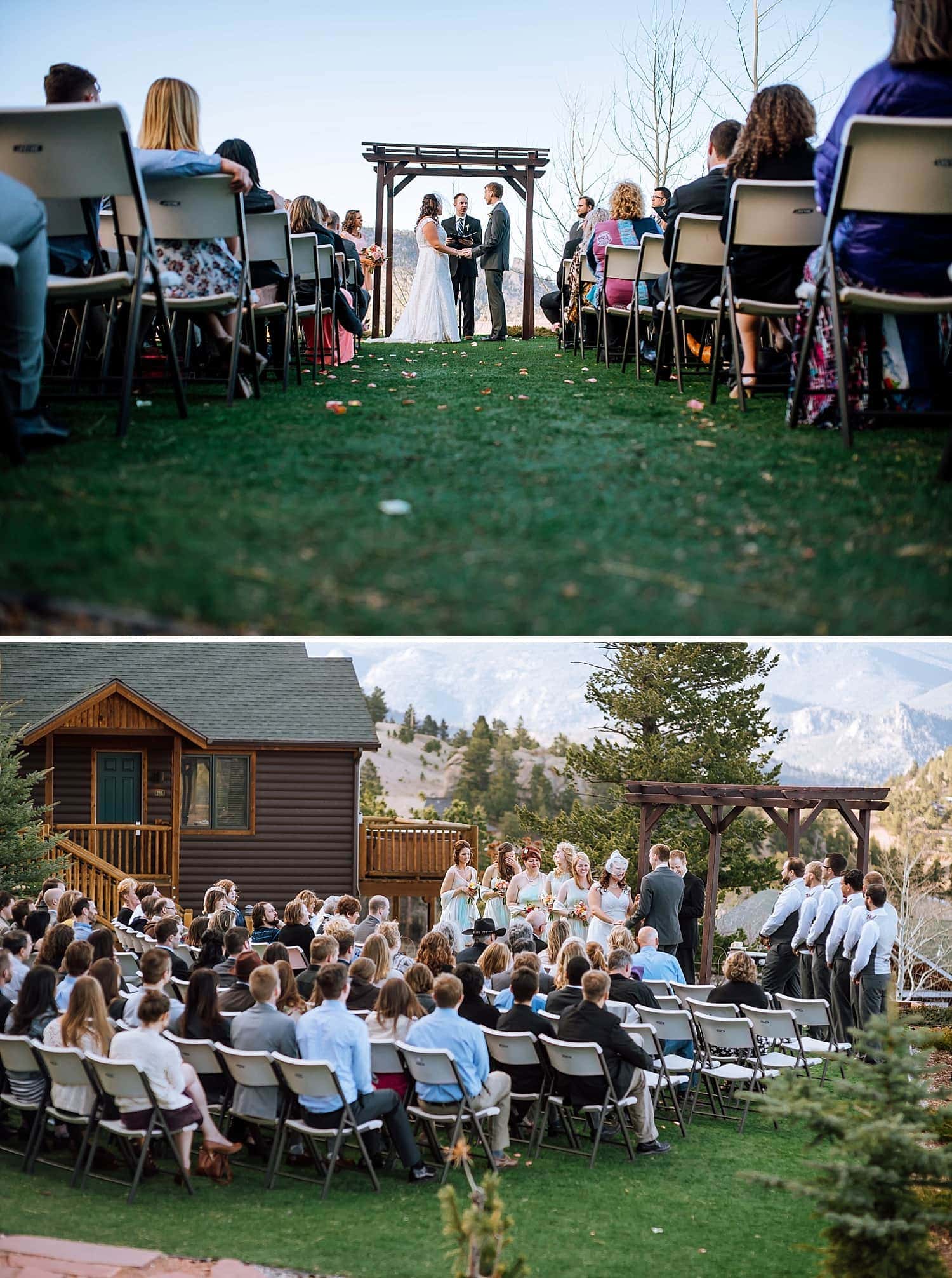 Bride and groom hold hands during their ceremony at Mary's Lake Lodge in Estes Park, Colorado.