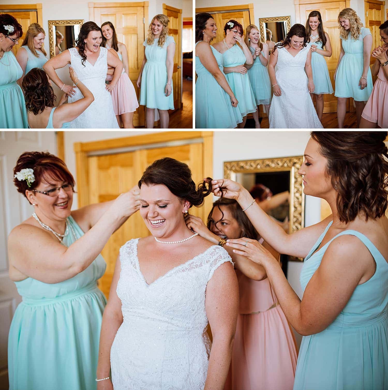 Bride gets ready with her bridesmaids at Mary's Lake Lodge in Estes Park, Colorado. 