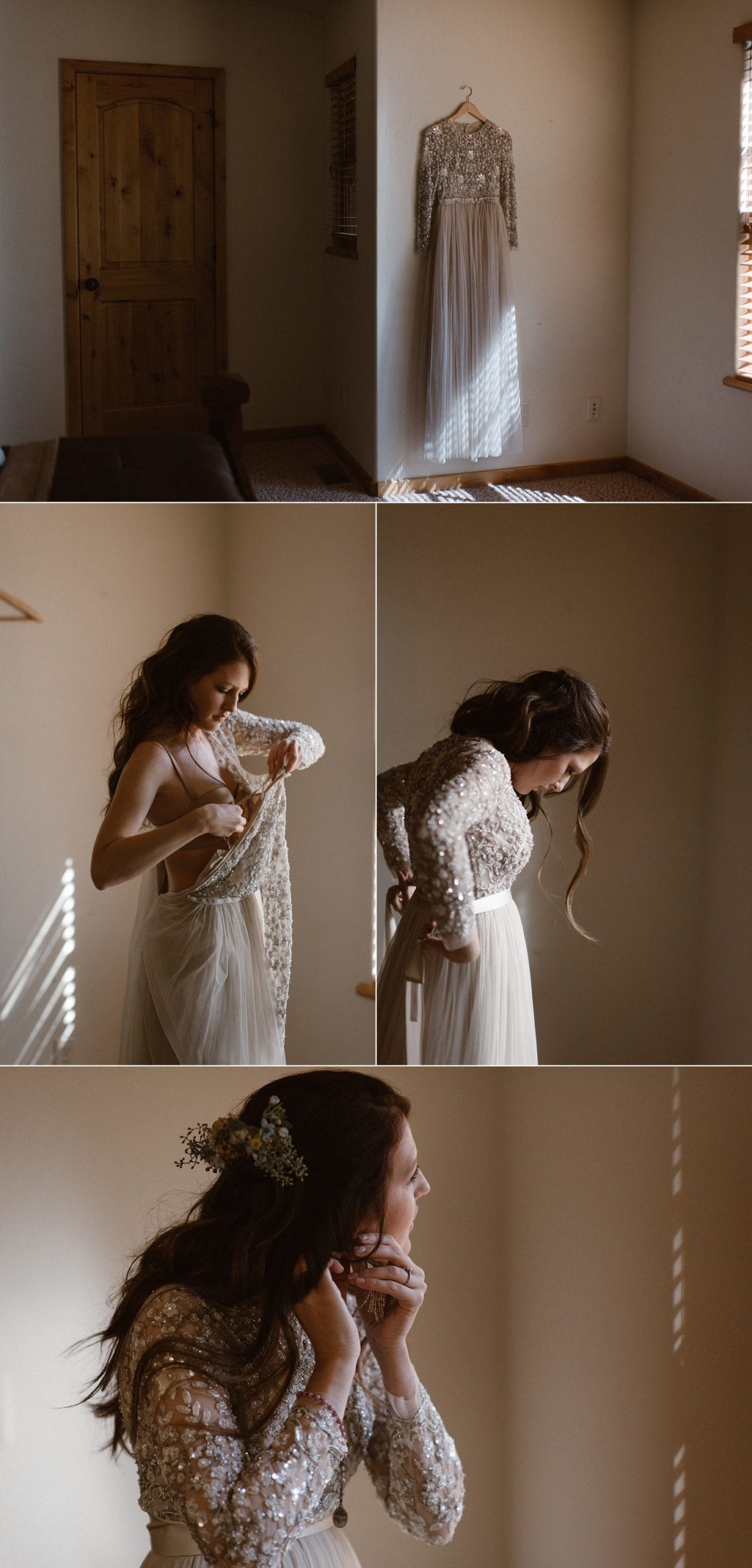 Bride putting on her wedding dress on her elopement day in Ouray, Colorado. 