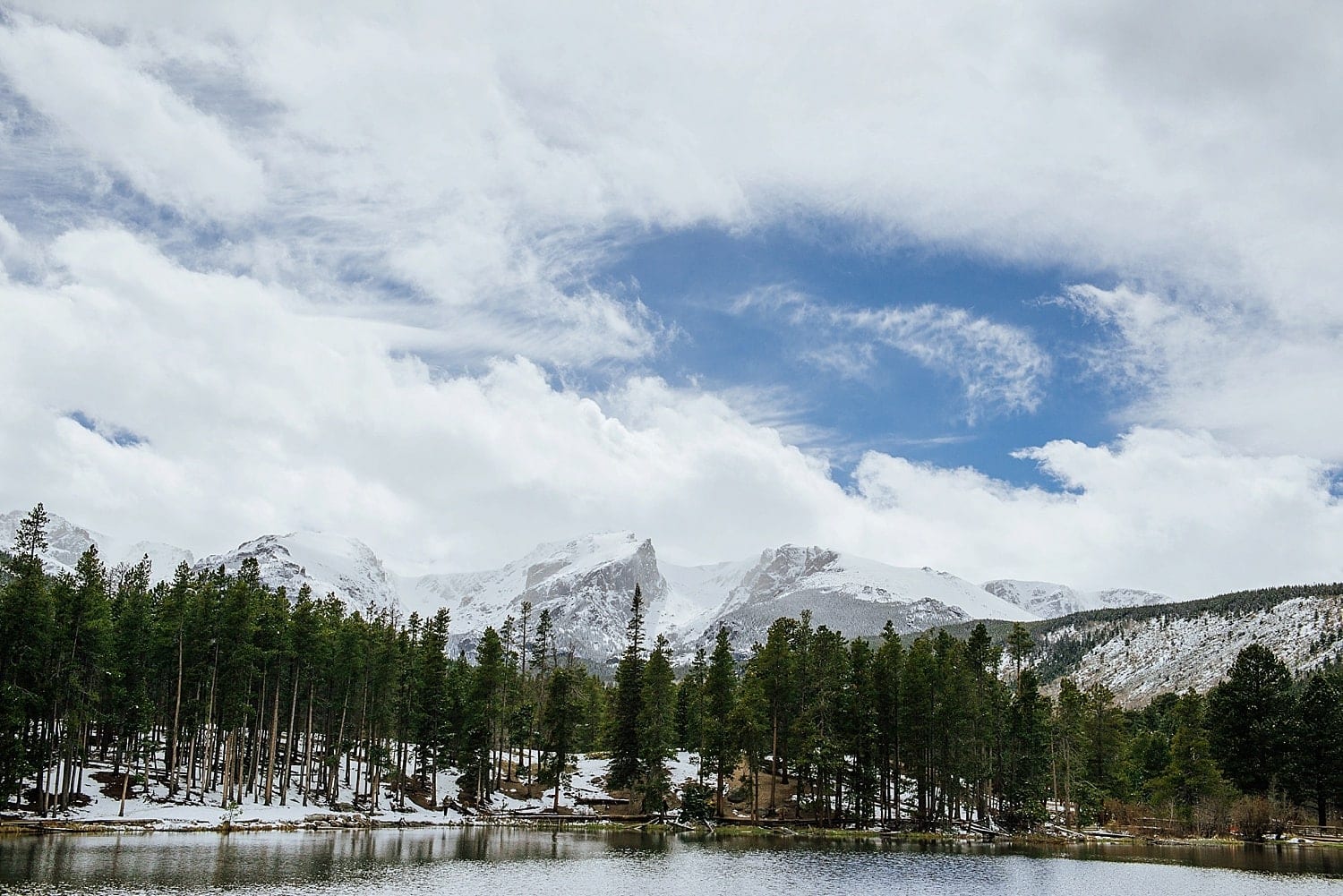 Landscape of Sprague Lake, forest, and snow-capped peaks in rocky Mountain National Park, Colorado. 