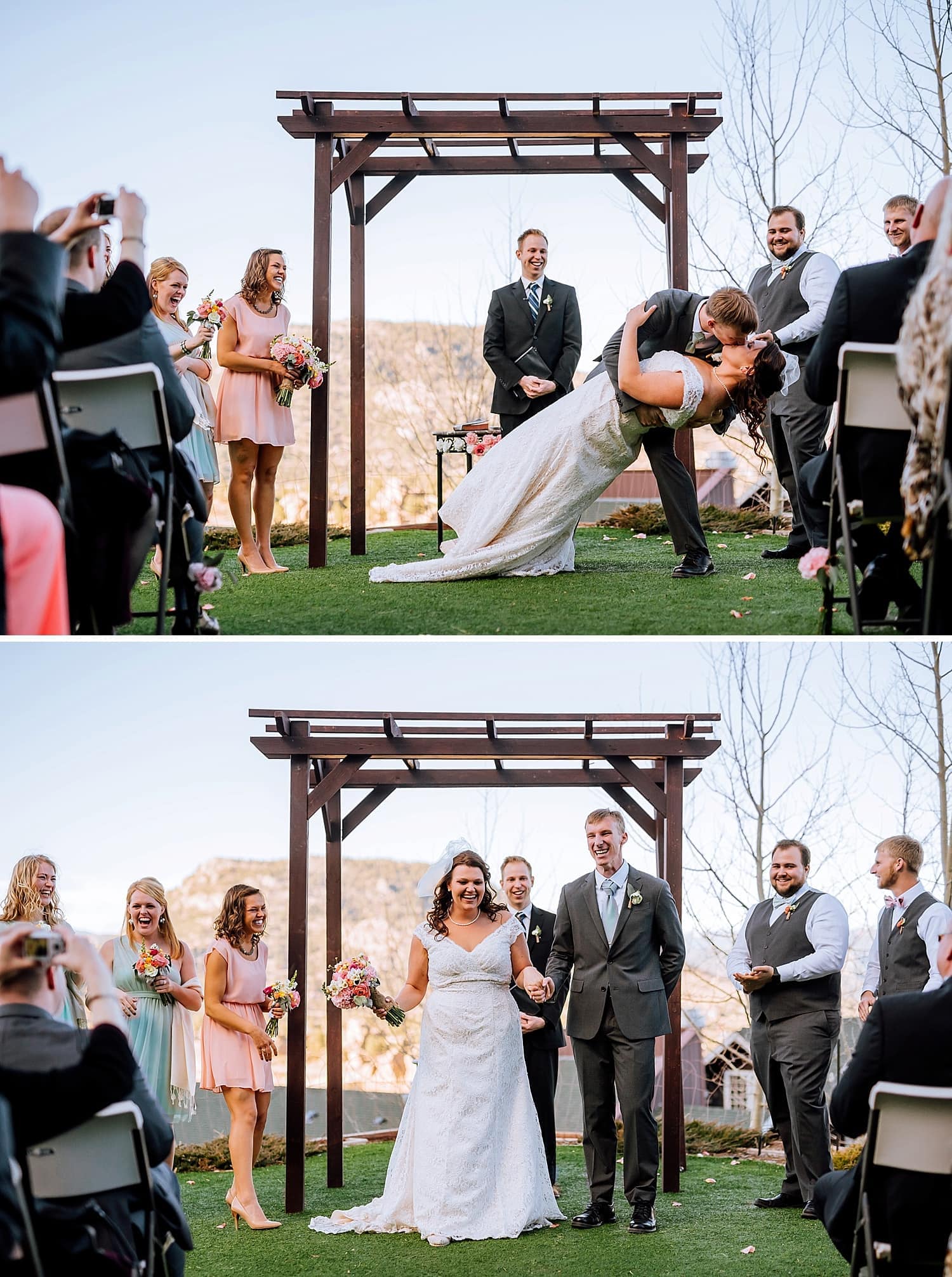 Groom dips bride for a kiss during their ceremony at Mary's Lake Lodge in Estes Park, Colorado. 