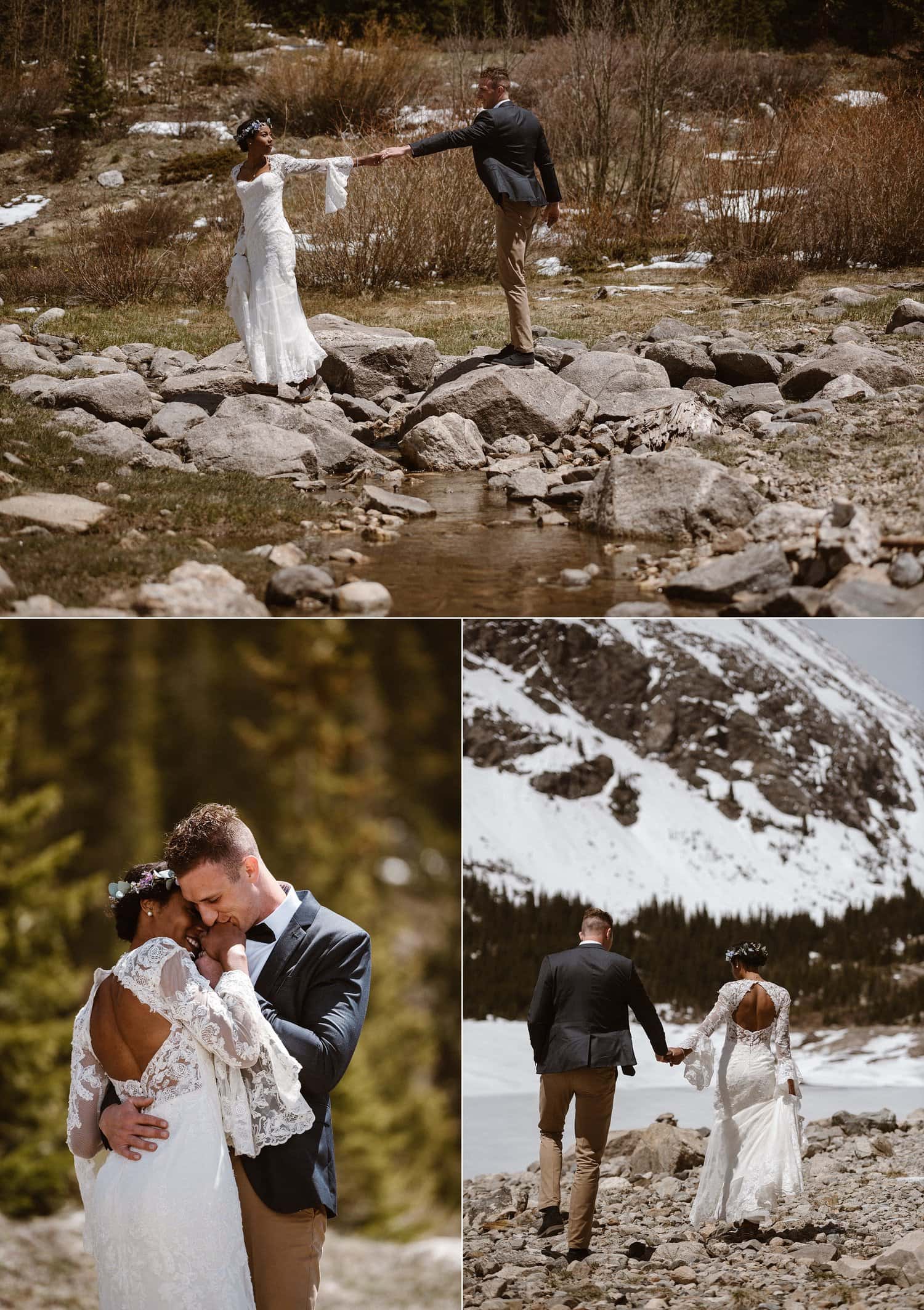 Bride and groom hold hands and walk across stream at Loveland Pass, in Colorado. 