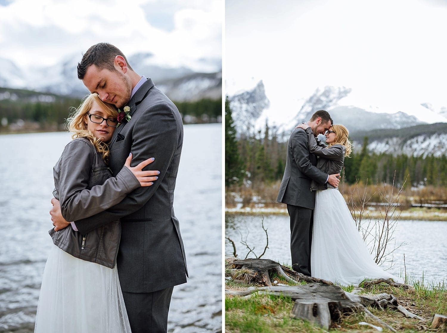 Bride and groom embrace in front of Sprague Lake in Rocky Mountain National Park, Colorado. 