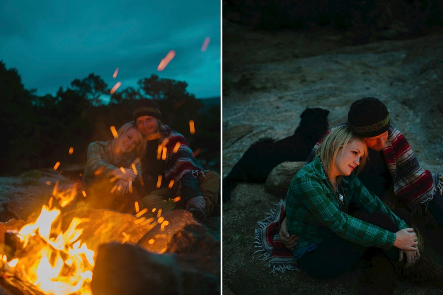 Couple cuddling in front of a campfire at sunset in Buena Vista, Colorado. 