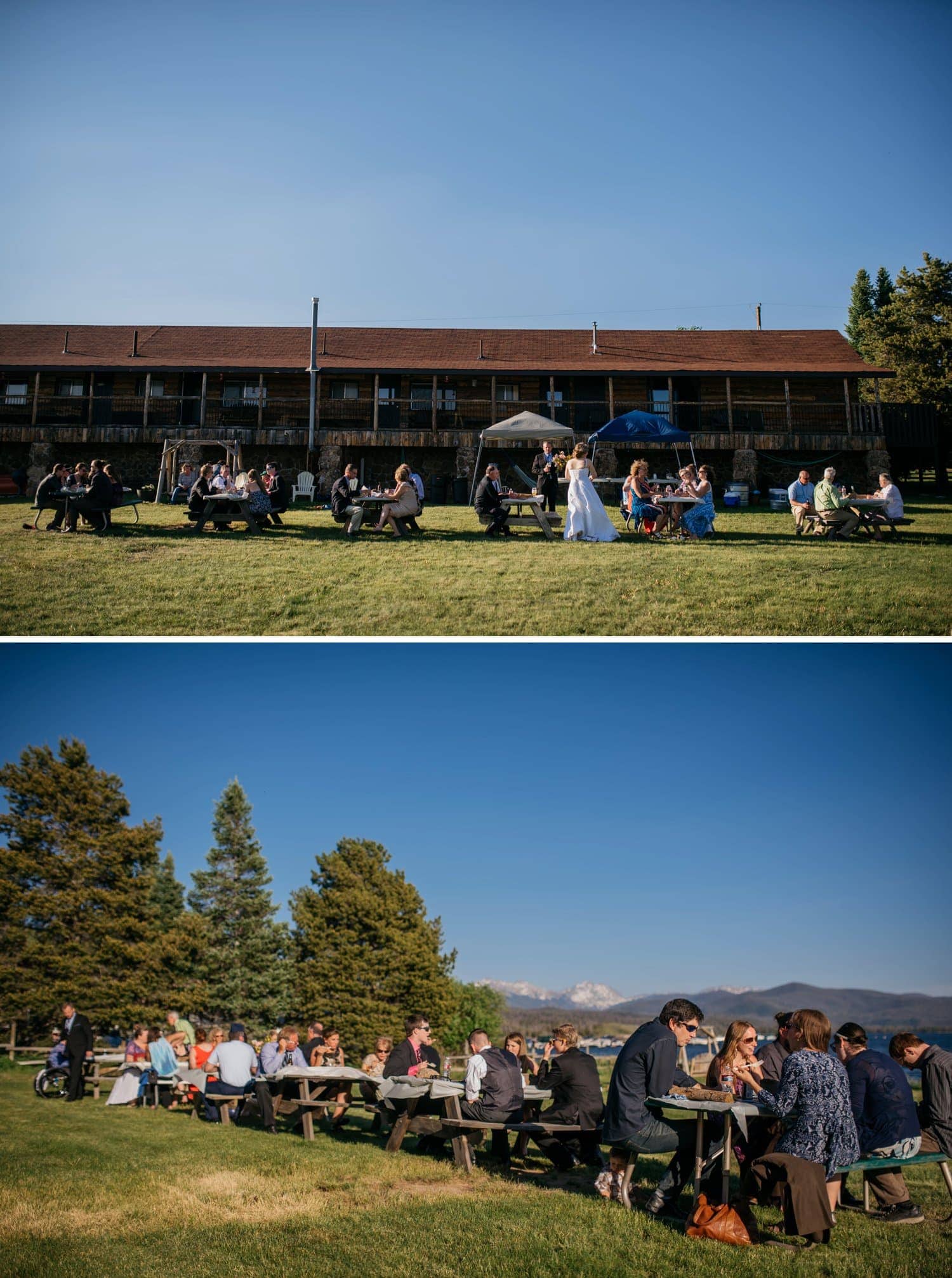 Friends and family sit at picnic tables, during the bride and grooms reception at North Shore Resort, in Grand Lake, Colorado. 
