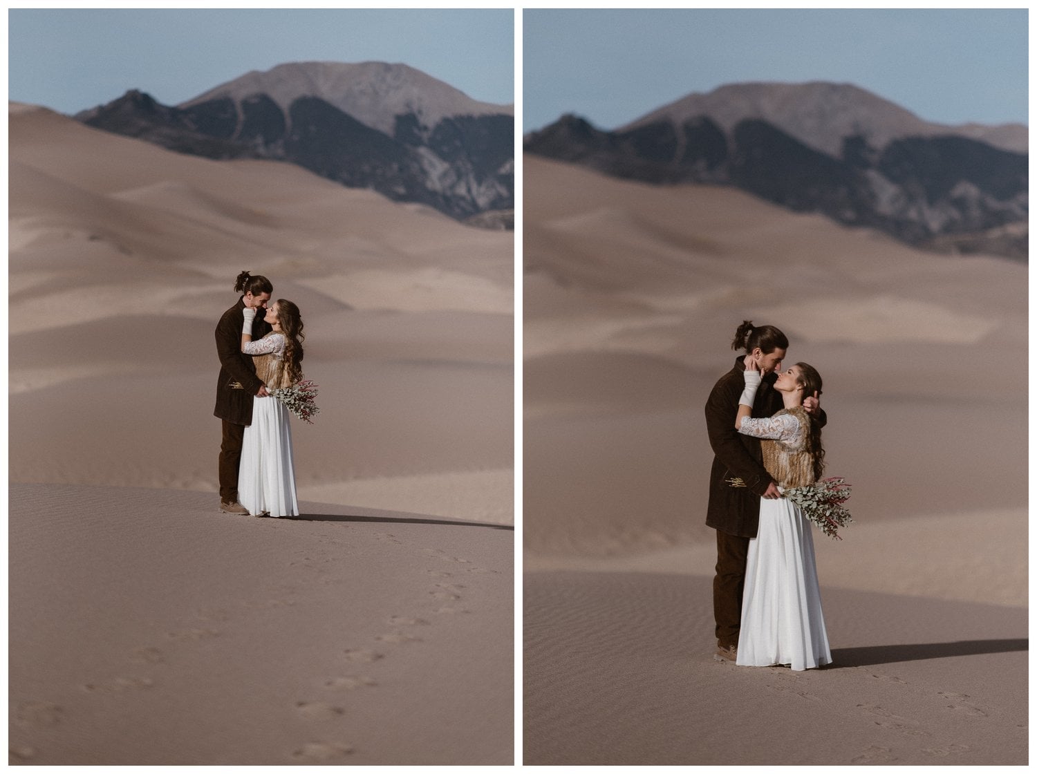 Bride and groom embrace in Great Sand Dunes National Park, with mountains in background. 