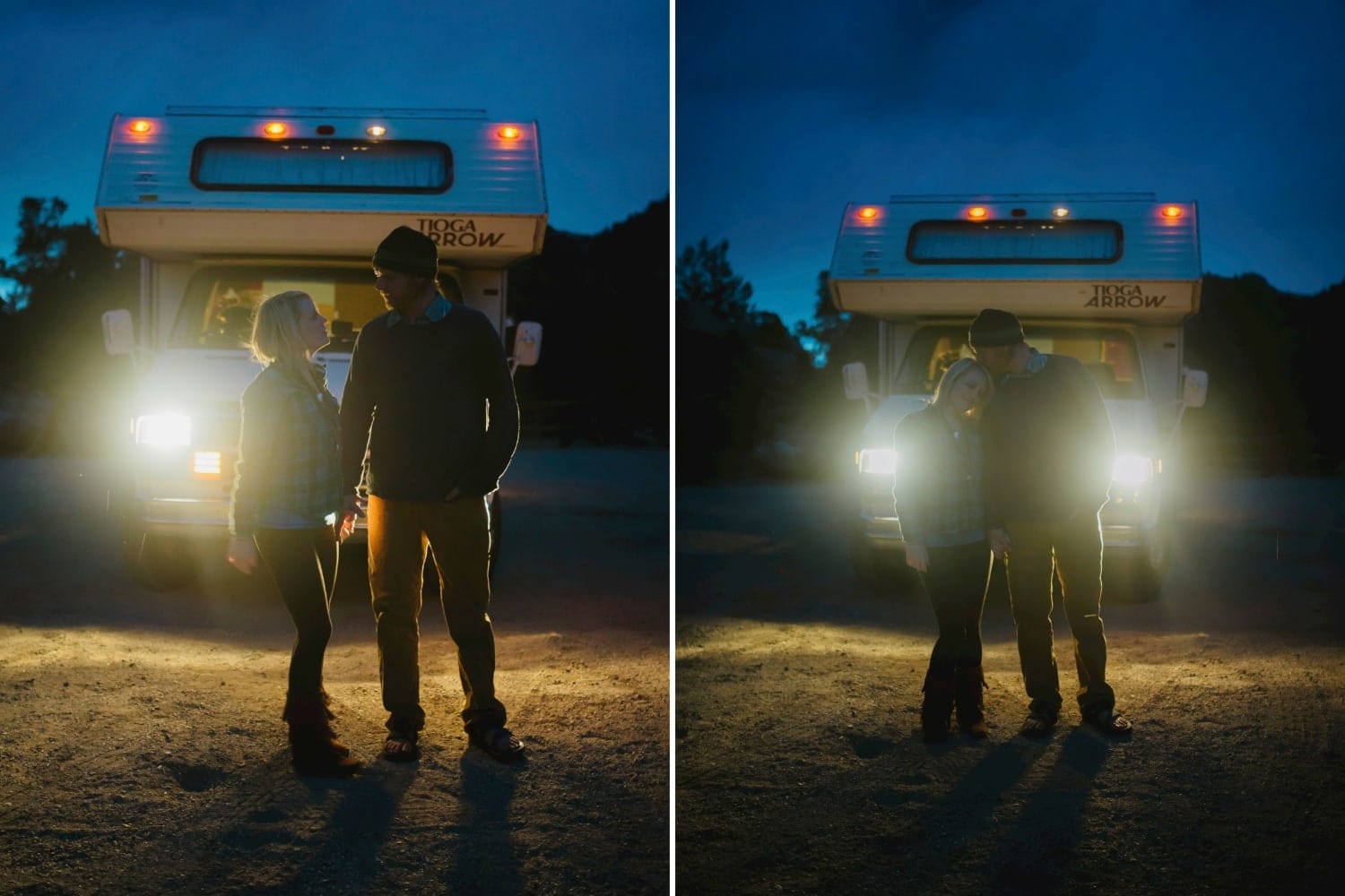 Couple standing and holding hands at night, with their RV headlines shining through from the background, in Buena Vista, Colorado.