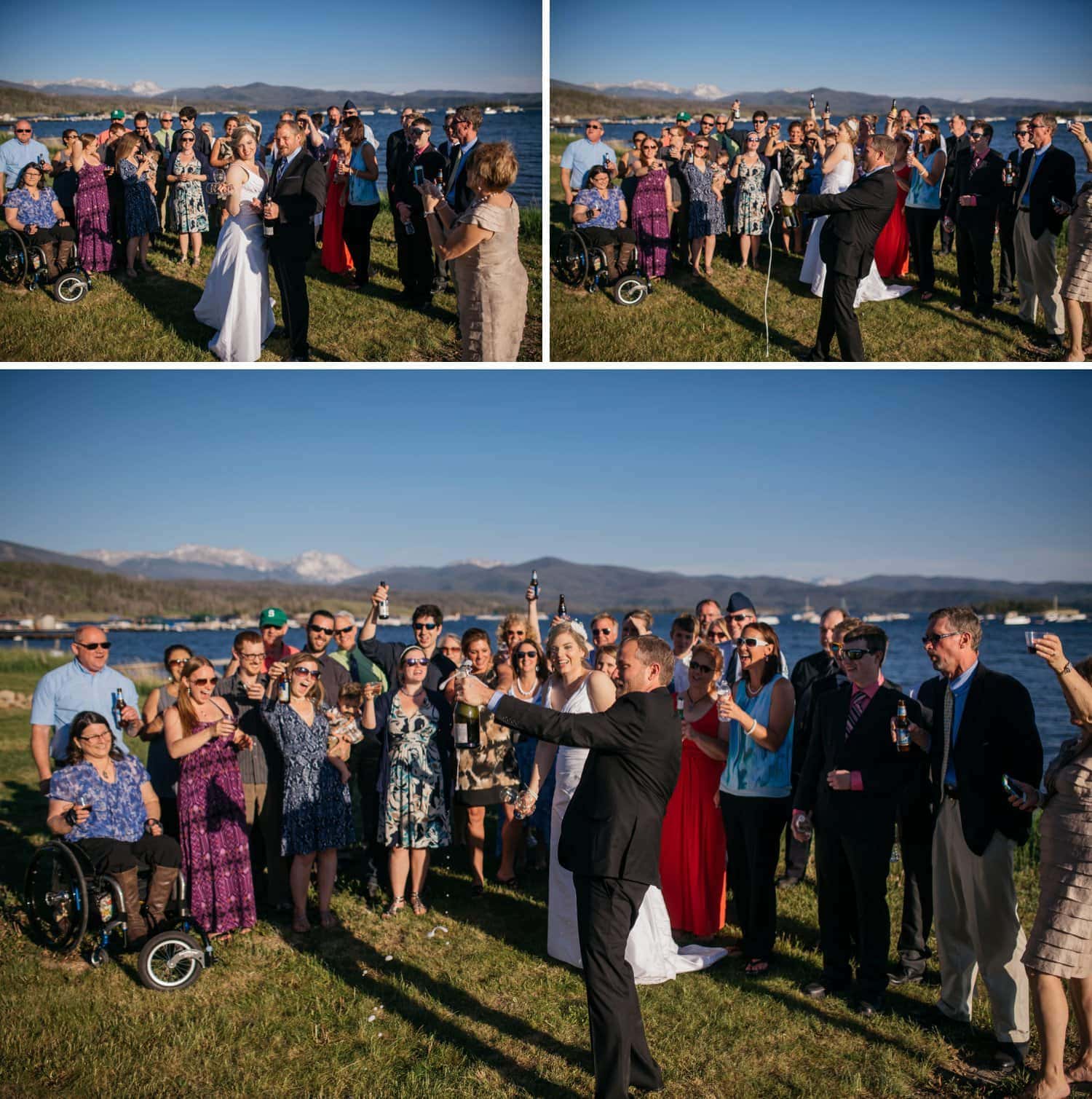 Friends and family toast the bride and groom on their elopement day in Grand Lake, Colorado. 