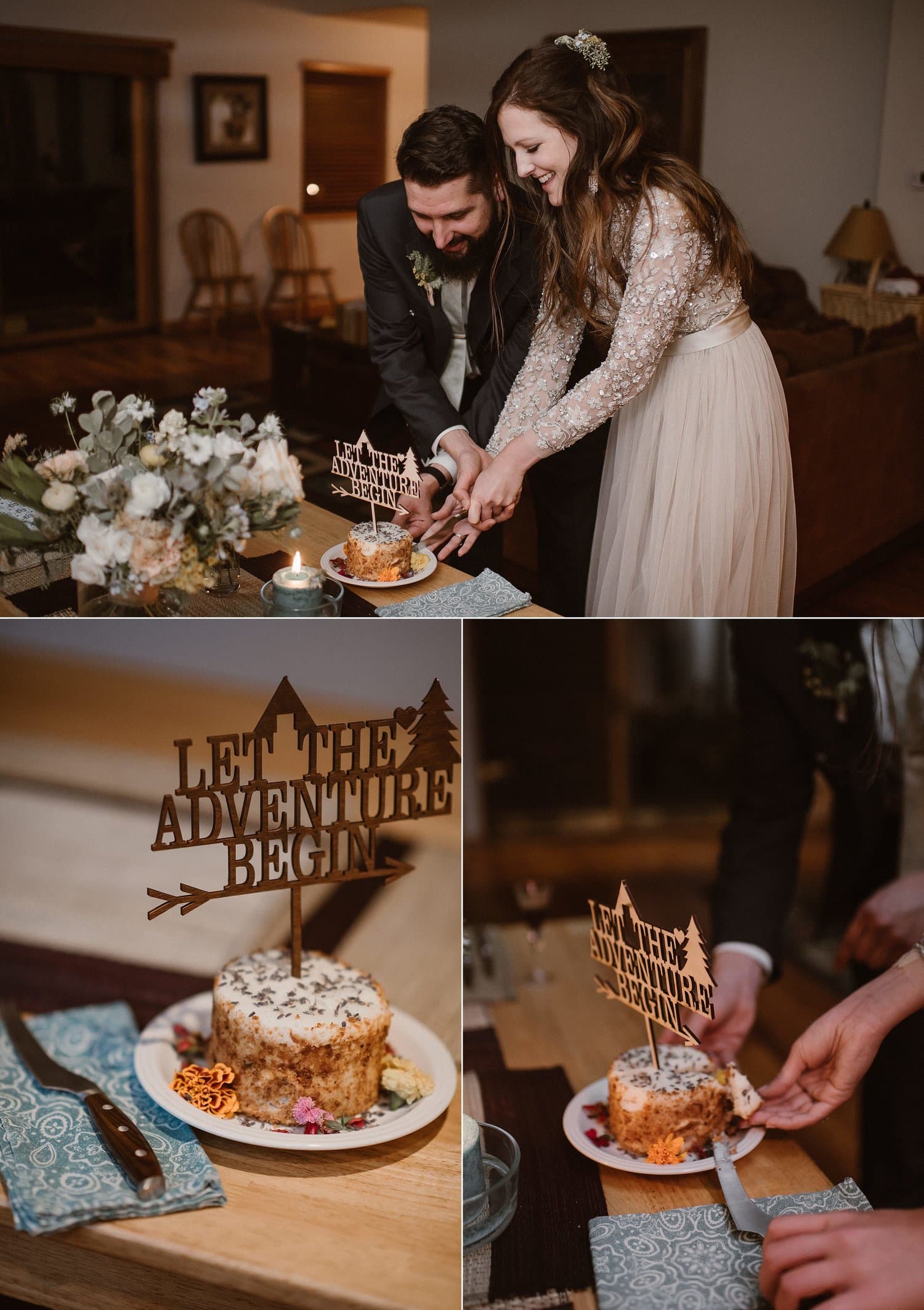 Bride and groom cut cake on their elopement day. 