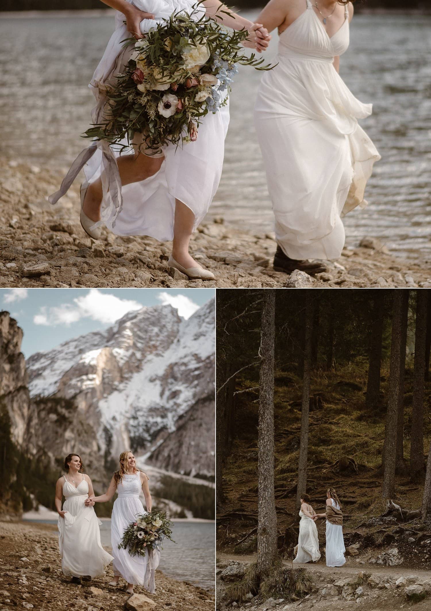 two brides run on the shore together, while holding hands, at Lago De Braies in Italy. 
