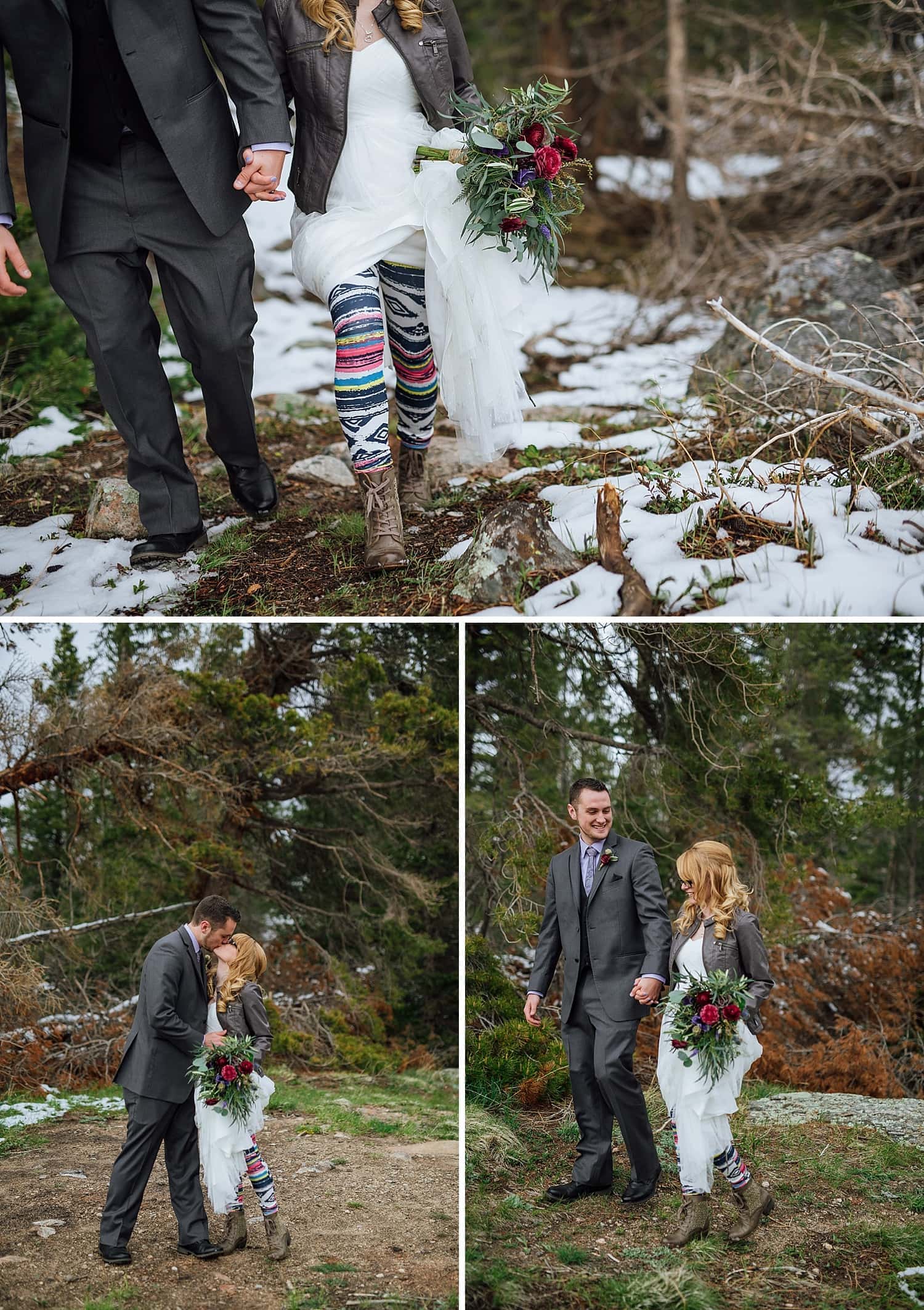 Bride and groom hold hands and walk on trail with snow, in Rocky Mountain National Park, Colorado. 