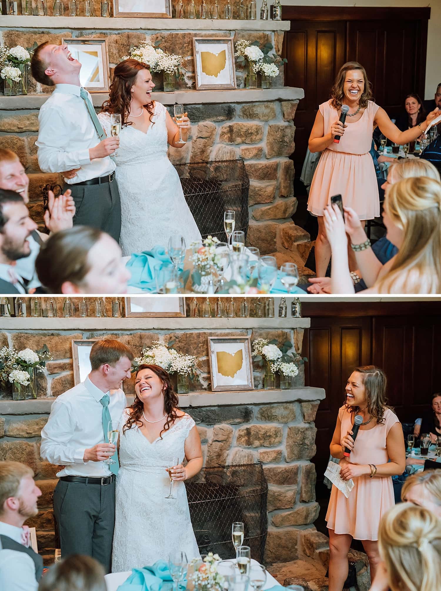Maid of honor gives a toast to the bride and groom during their ceremony at Mary's Lake Lodge in Estes Park, Colorado. 
