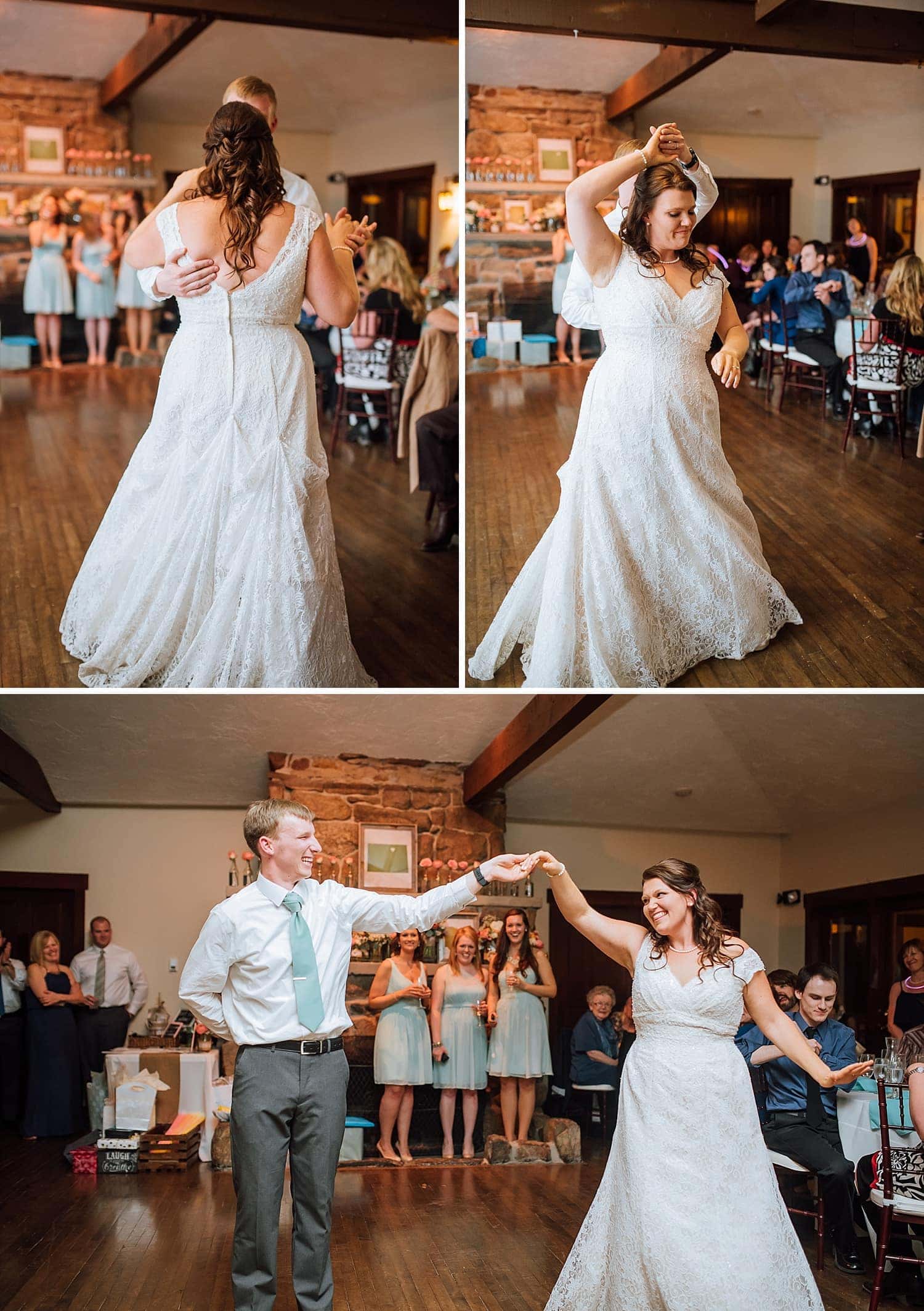 Bride and groom have a first dance during their reception at Mary's Lake Lodge in Estes Park, Colorado. 