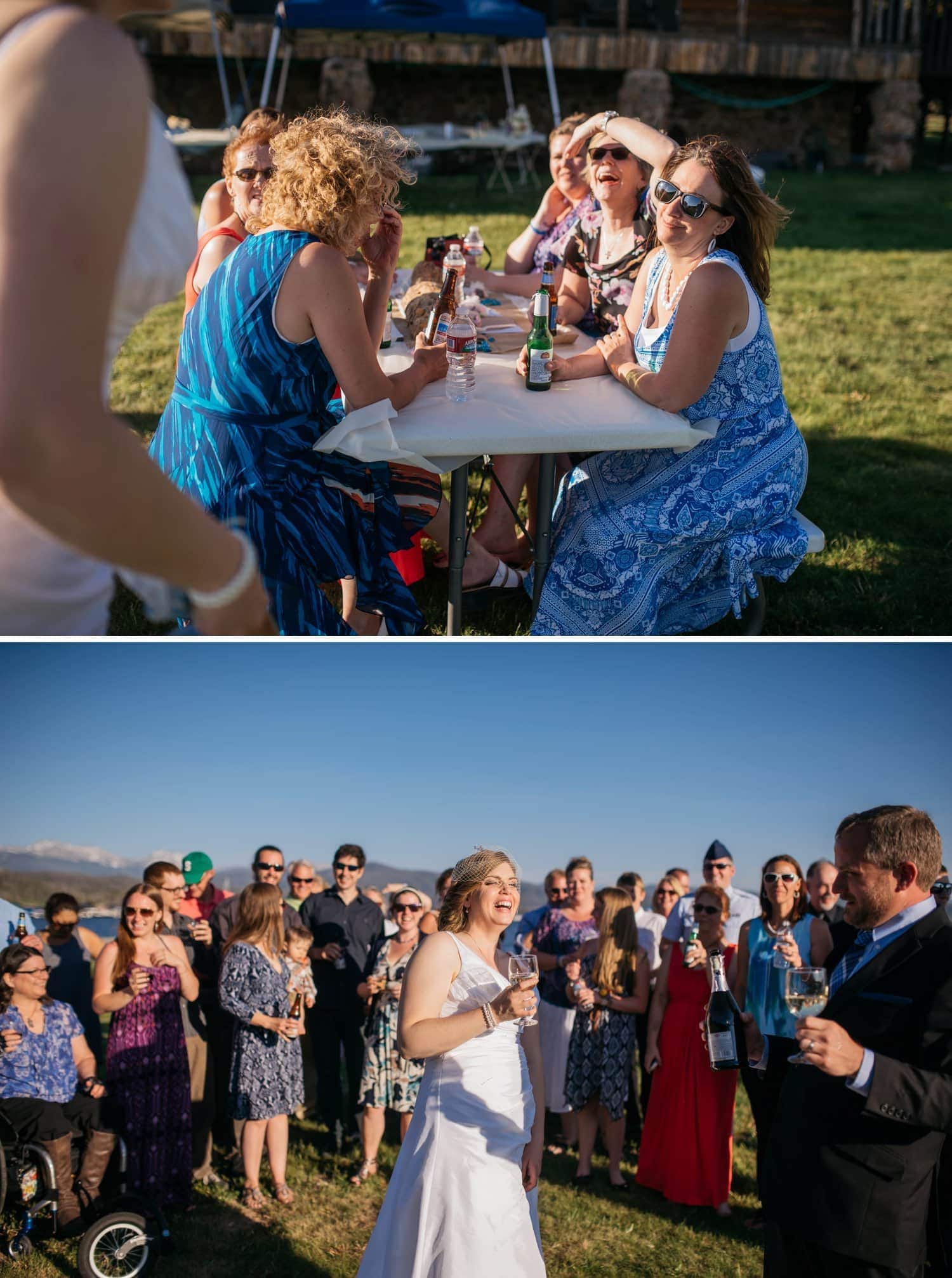 Bride and groom celebrate during a reception on their elopement day in Grand Lake, Colorado. 