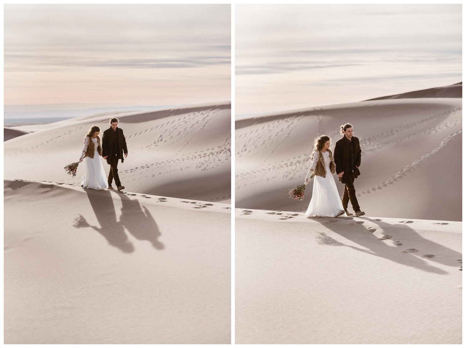 Bride and groom walk along sand dune at Great Sand Dunes National Park. 