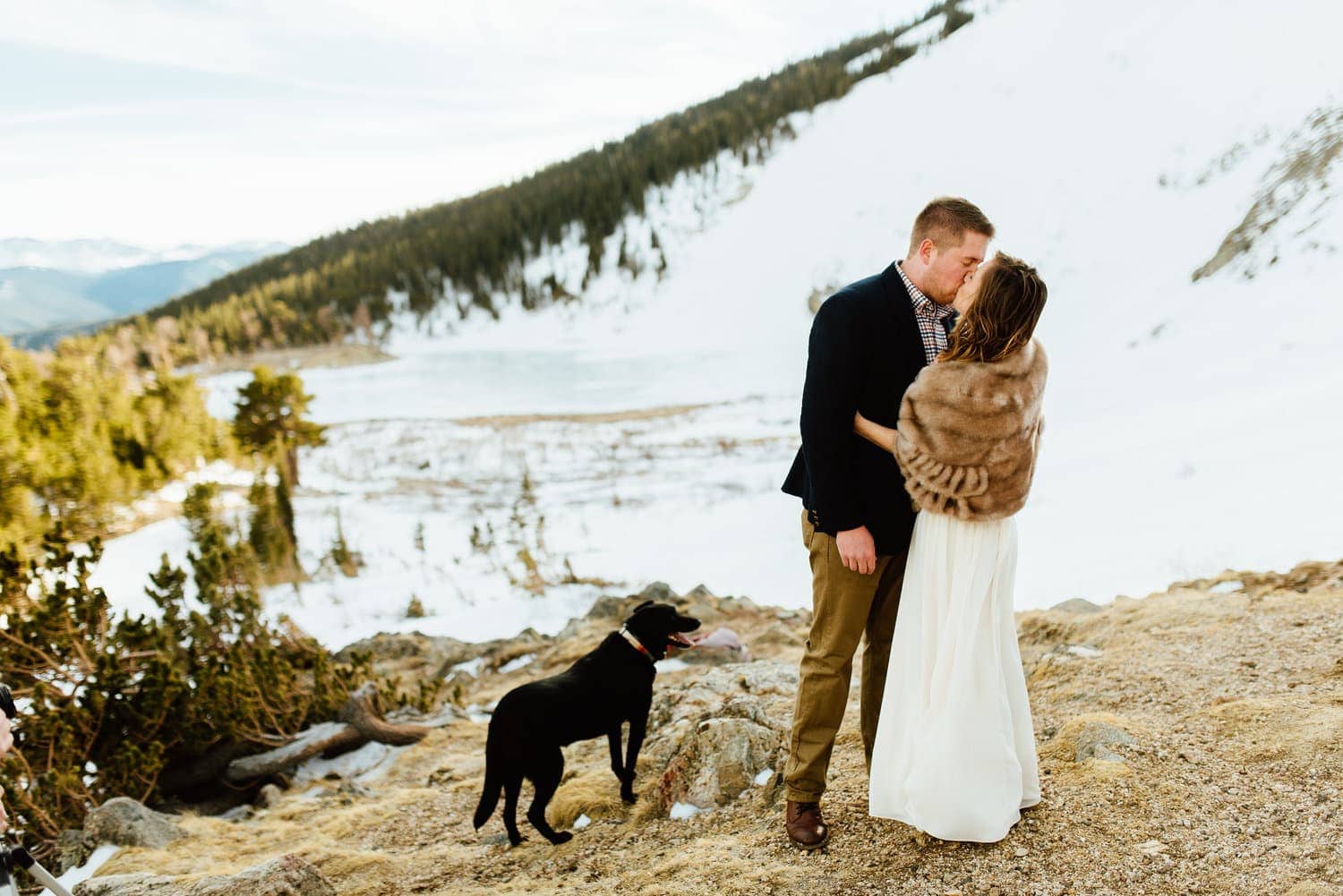 Bride and groom kiss, while their dog stands next to them, at St. Mary's Glacier in Idaho Springs, Colorado. 