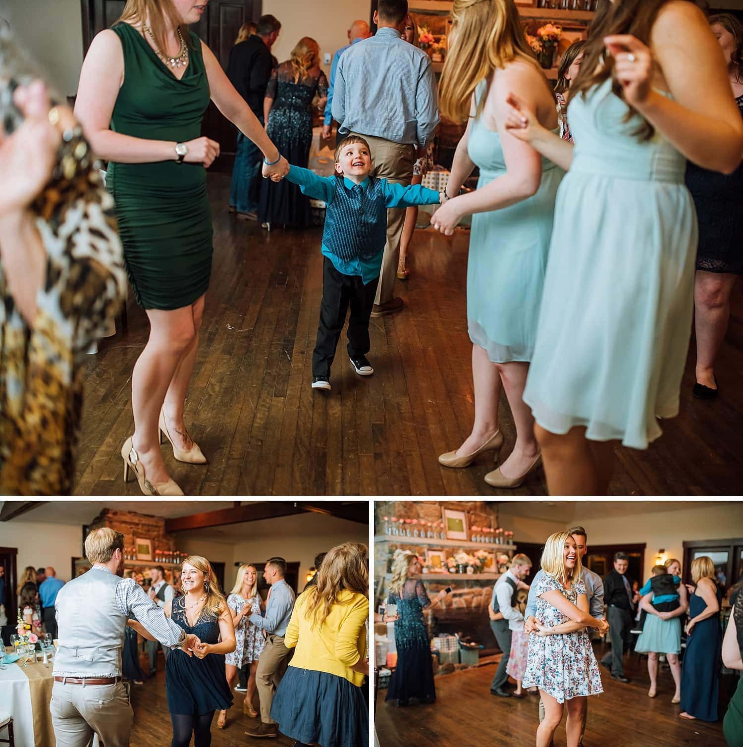 Friends and family dance during reception at Mary's Lake Lodge in Estes Park, Colorado. 