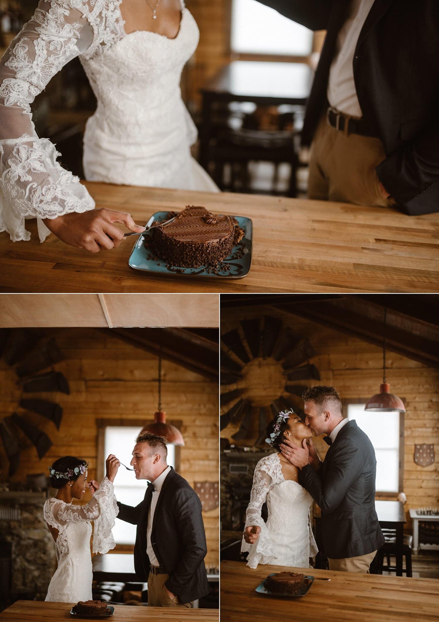 Bride and groom cut chocolate cake together in a cabin at Loveland Pass, in Colorado. 