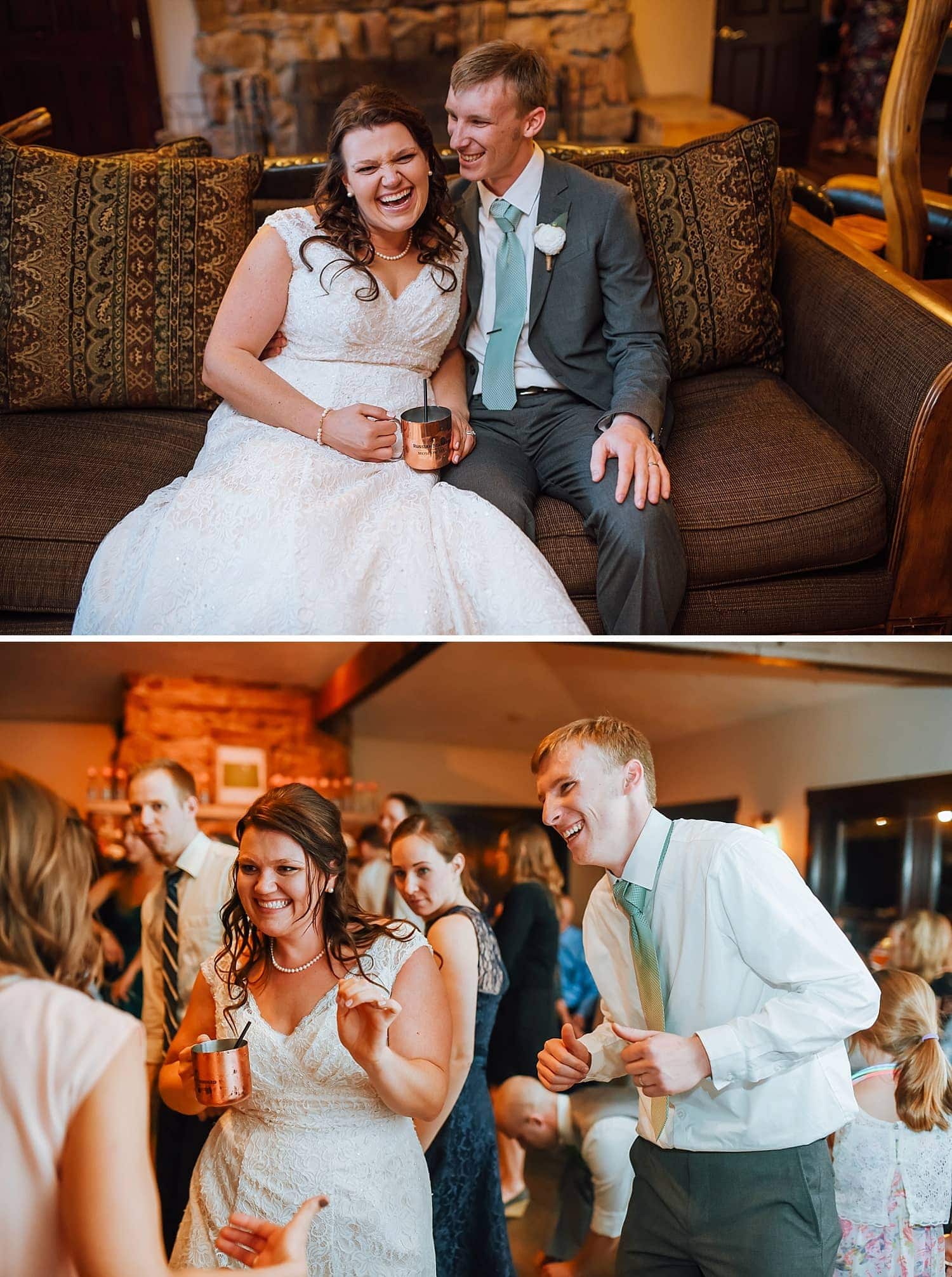 Bride and groom sit on a couch together during their reception, at Mary's Lake Lodge in Estes Park, Colorado. 
