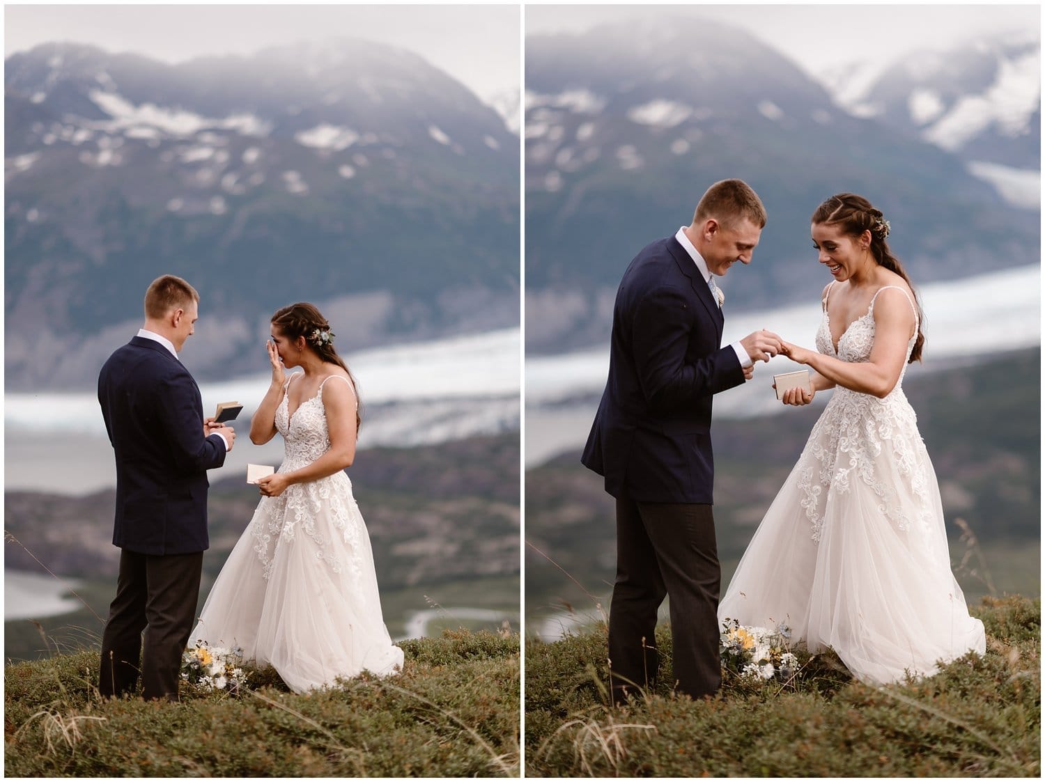 Bride and groom exchange rings and say their vows during intimate elopement ceremony, in front of a glacial lake, in Alaska. 
