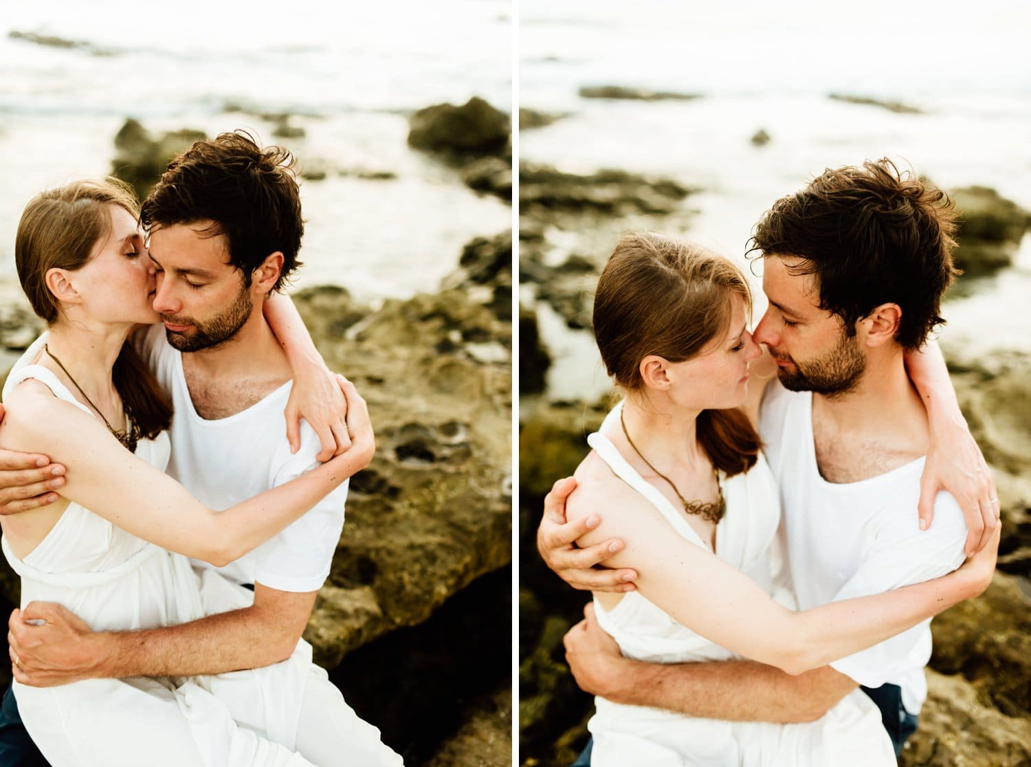 Groom holds bride while sitting on rocks along shore in Santa Teresa, Costa Rica.