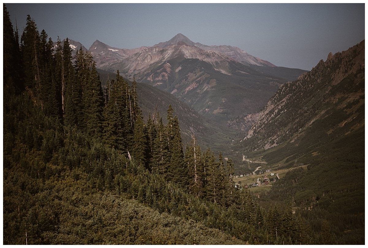Landscape of forest and mountains at Telluride Ski Resort in Colorado.
