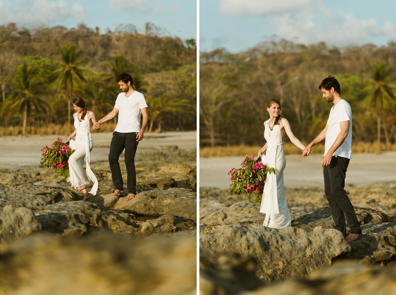 Bride and groom hold hands and walk along rocks on the beach in Santa Teresa, Costa Rica.