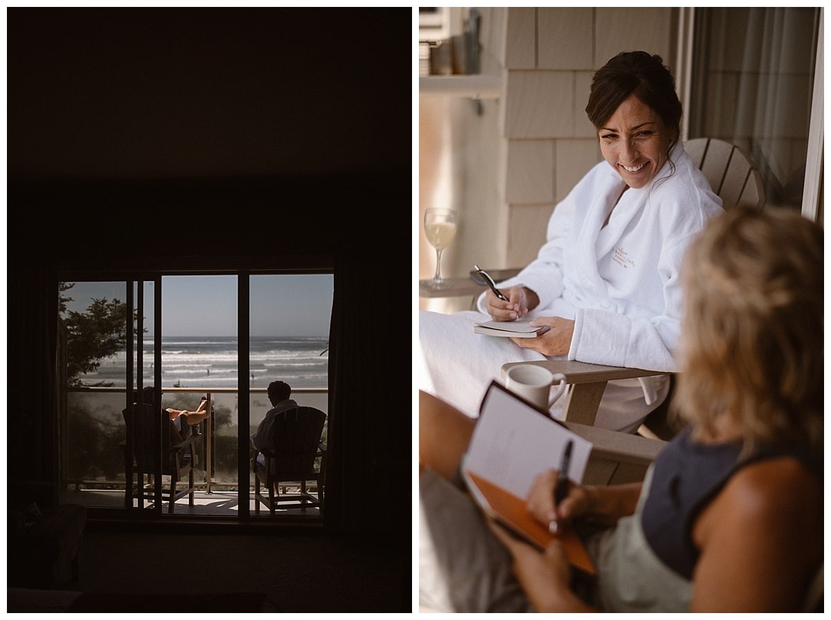 Two brides write their vows while sitting on porch of beachside lodge in Tofino, Canada.