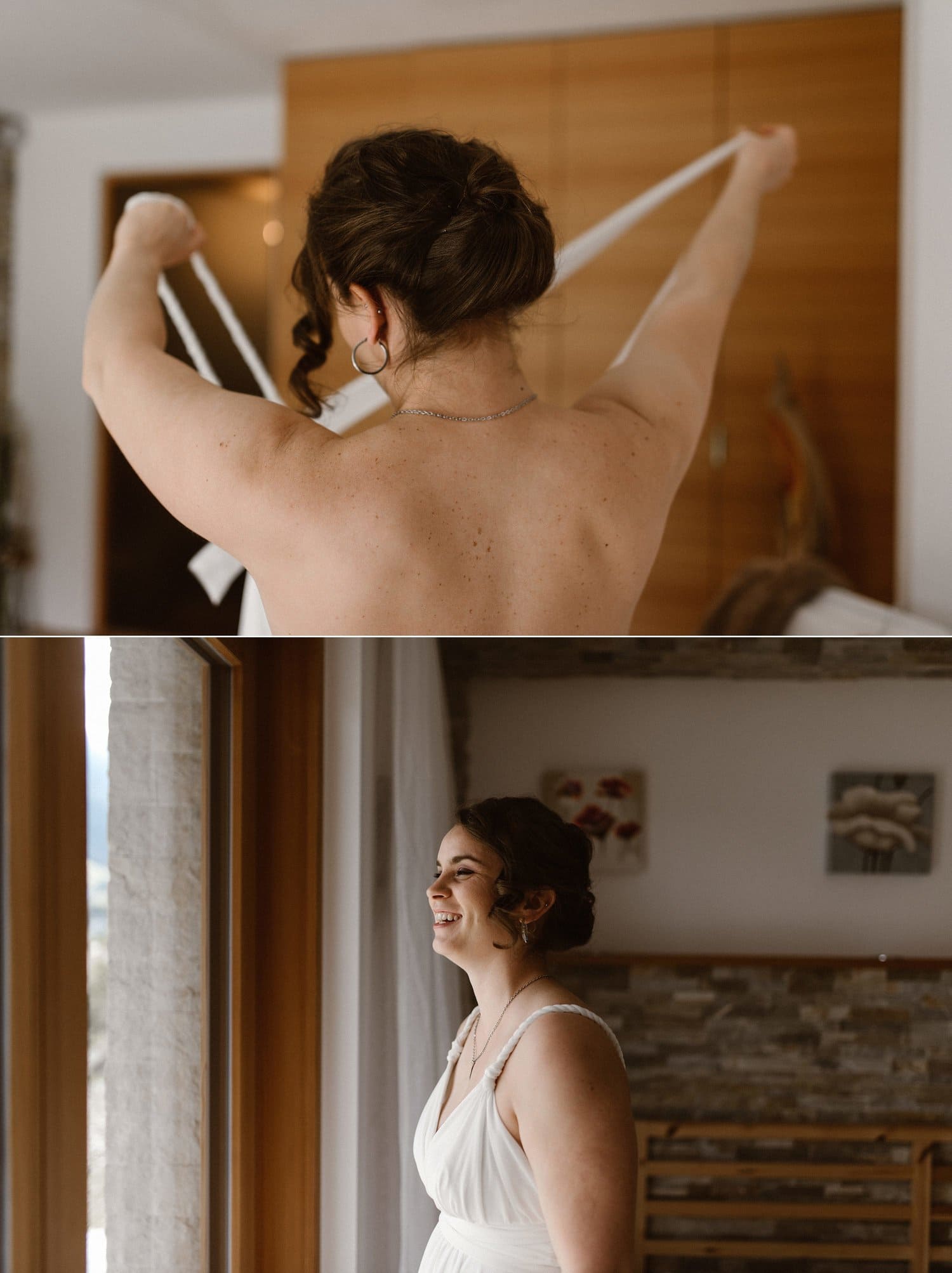 Bride putting on her dress in Airbnb in Italy. 