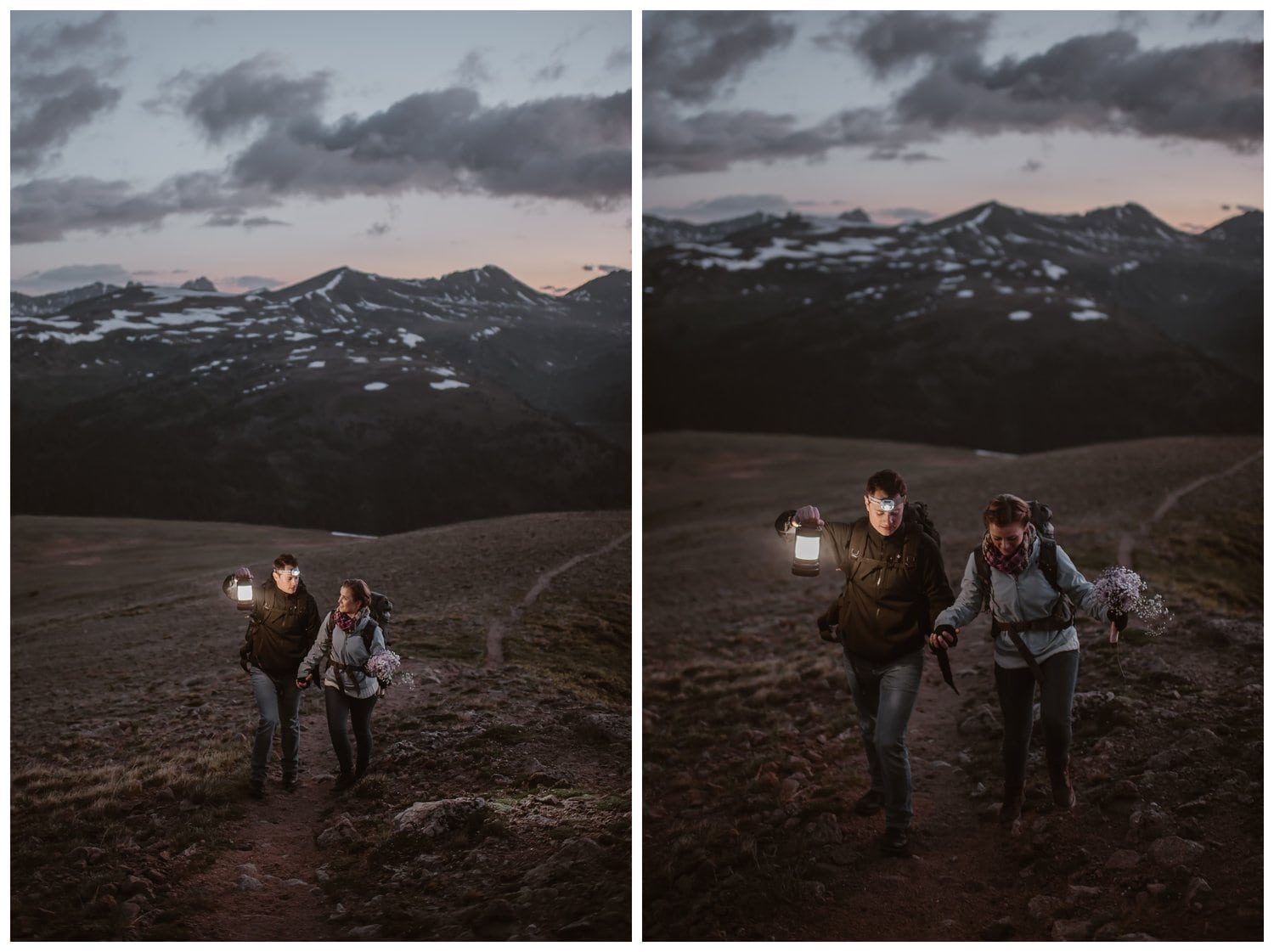 Bride and groom hold hands during a sunrise hiking elopement near Aspen, Colorado. The groom is holding a lantern and there are mountains in the background.