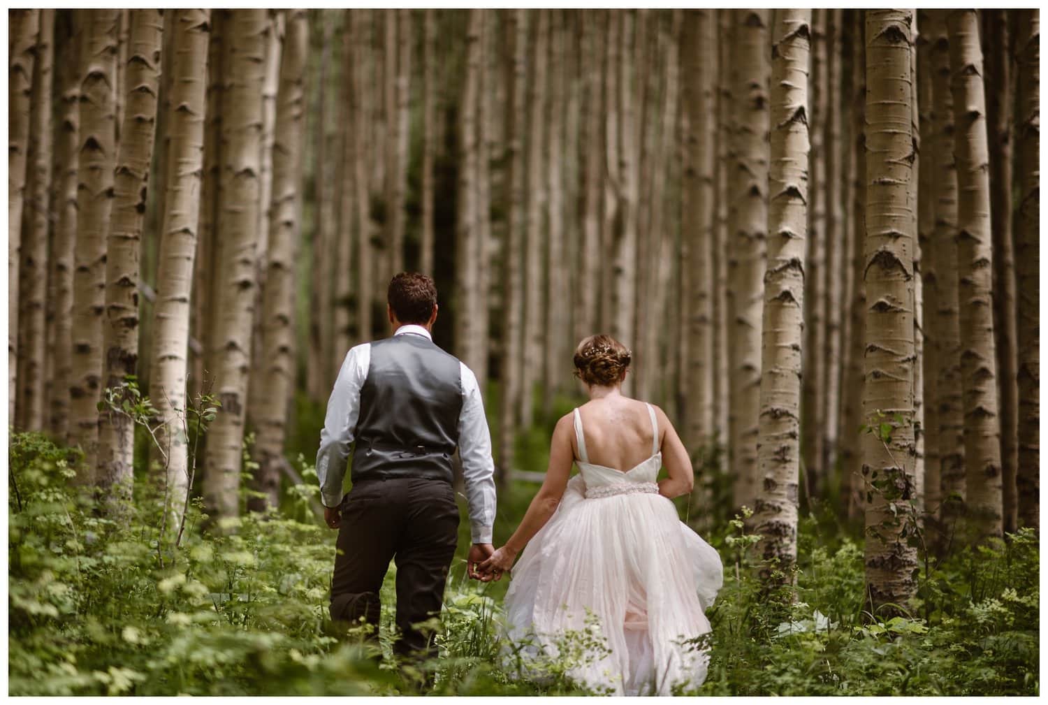 Bride and groom hold hands while walking through an aspen forest near the Maroon Bells, in Colorado. 
