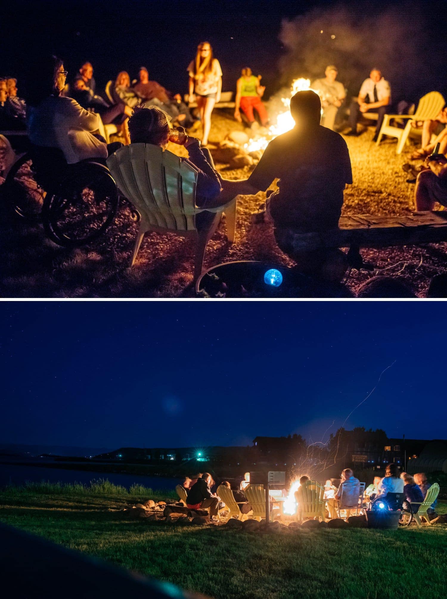 Friends and family gather around a campfire at night in Grand Lake, Colorado.