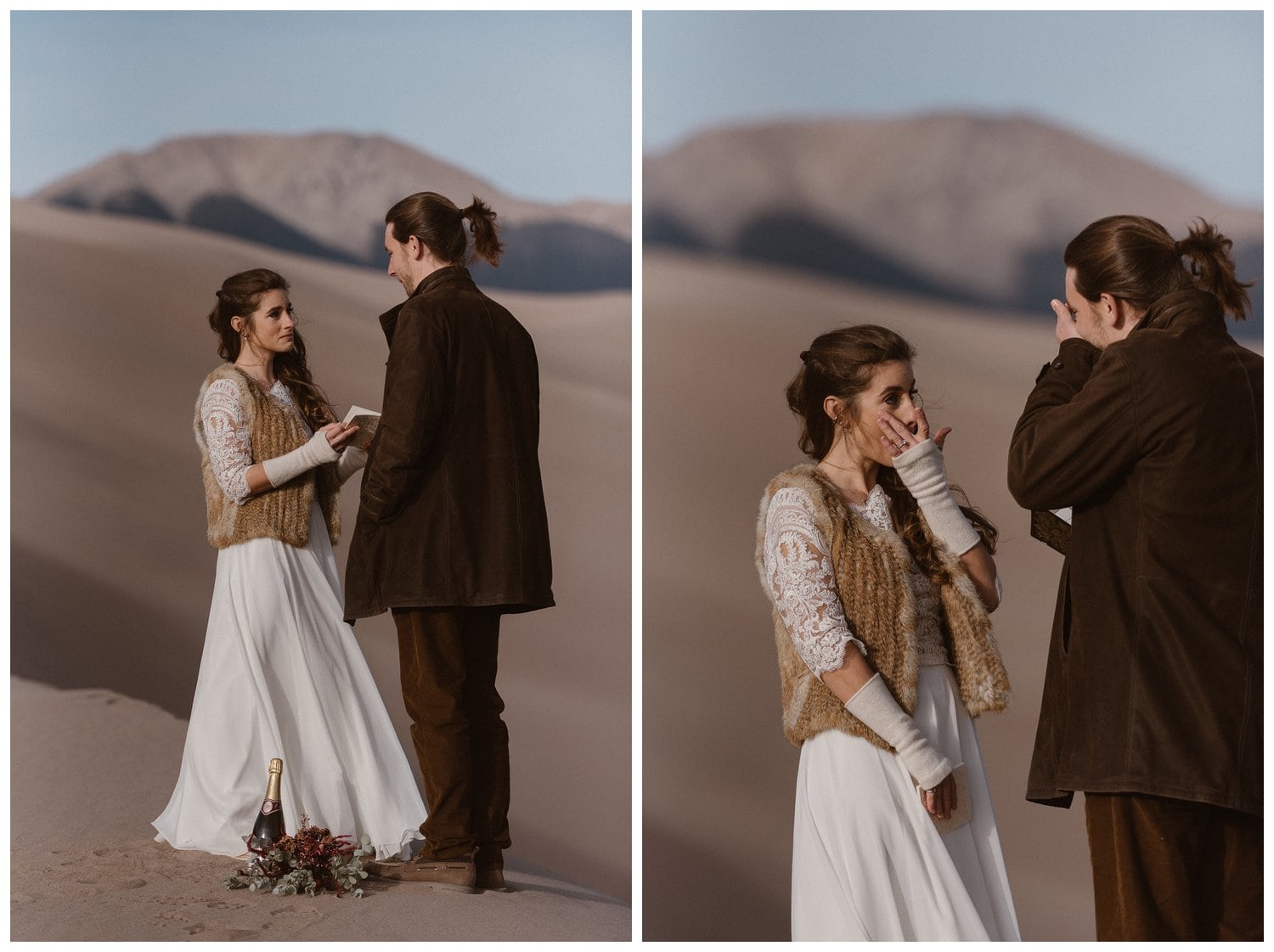 Bride and groom read their vows in Great Sand Dunes National Park.
