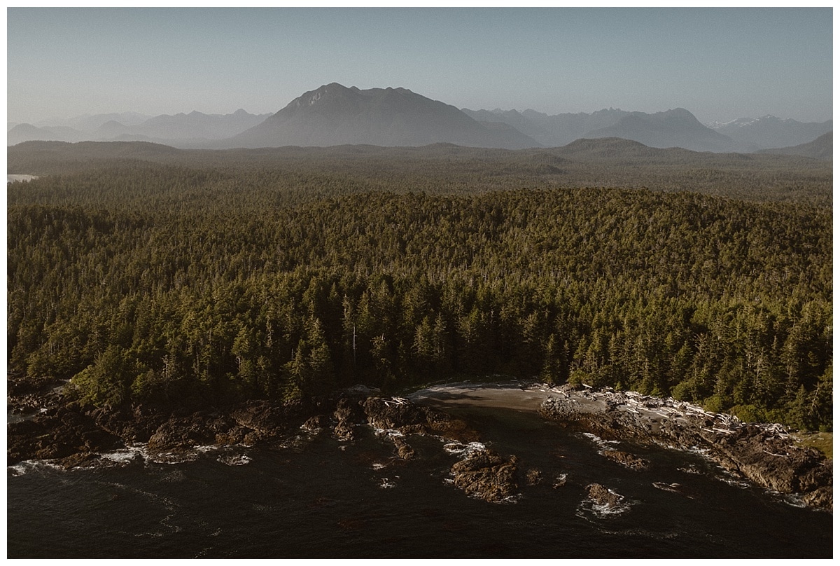 Aerial view of Shell Island in Tofino, Canada. 