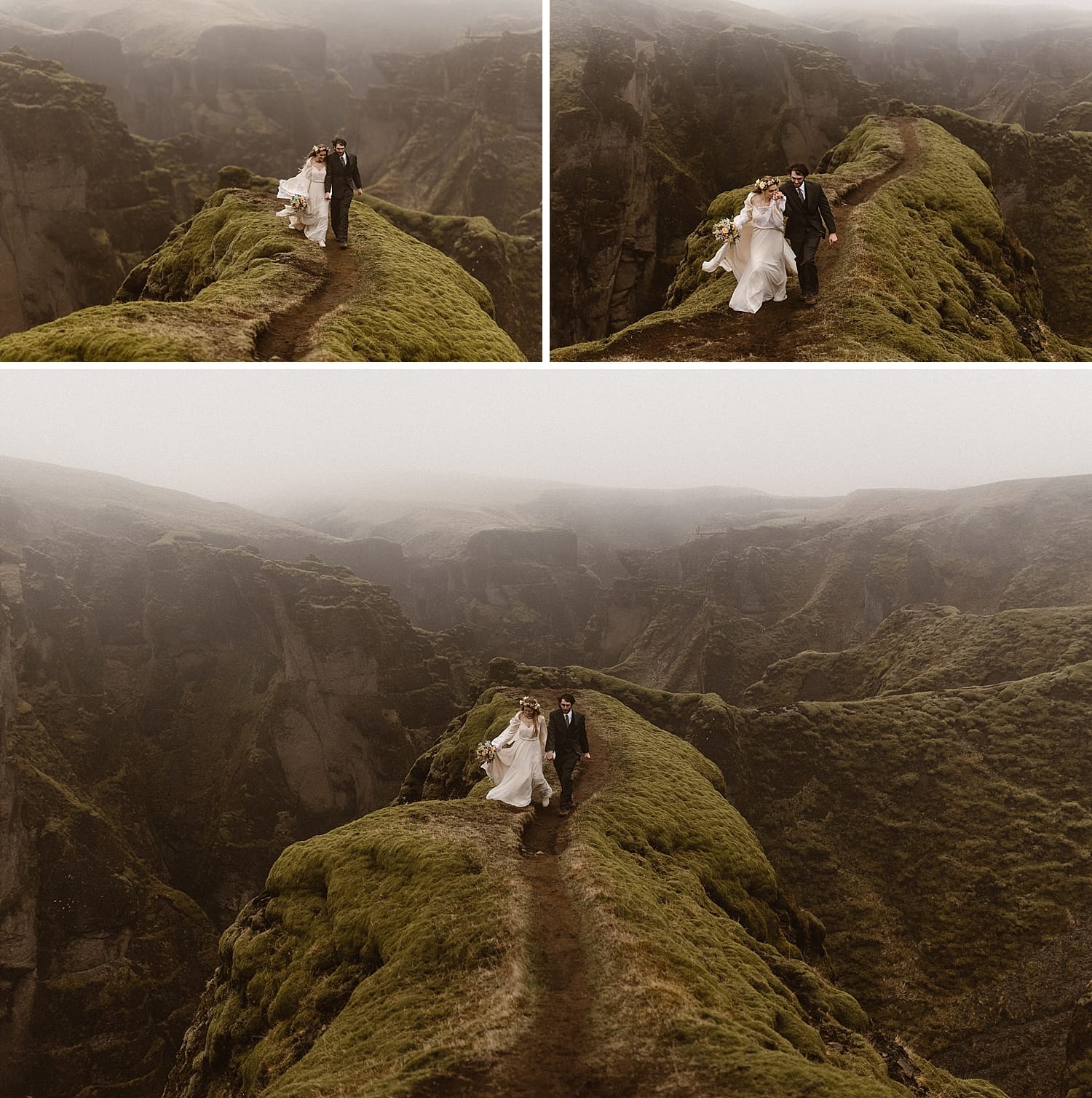 Bride and groom hiking along cliff in Iceland. There's lots of fog behind them. 