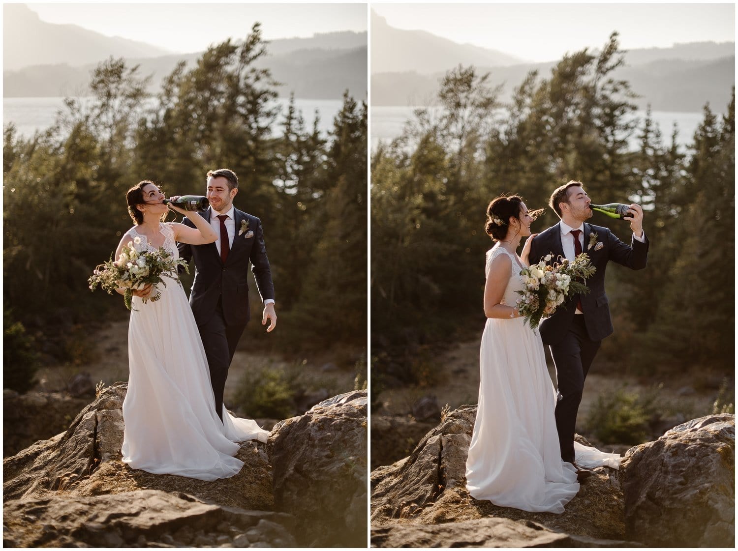 Bride and groom drink champagne while standing on coastal rocks at the Columbia River Gorge in Oregon. 