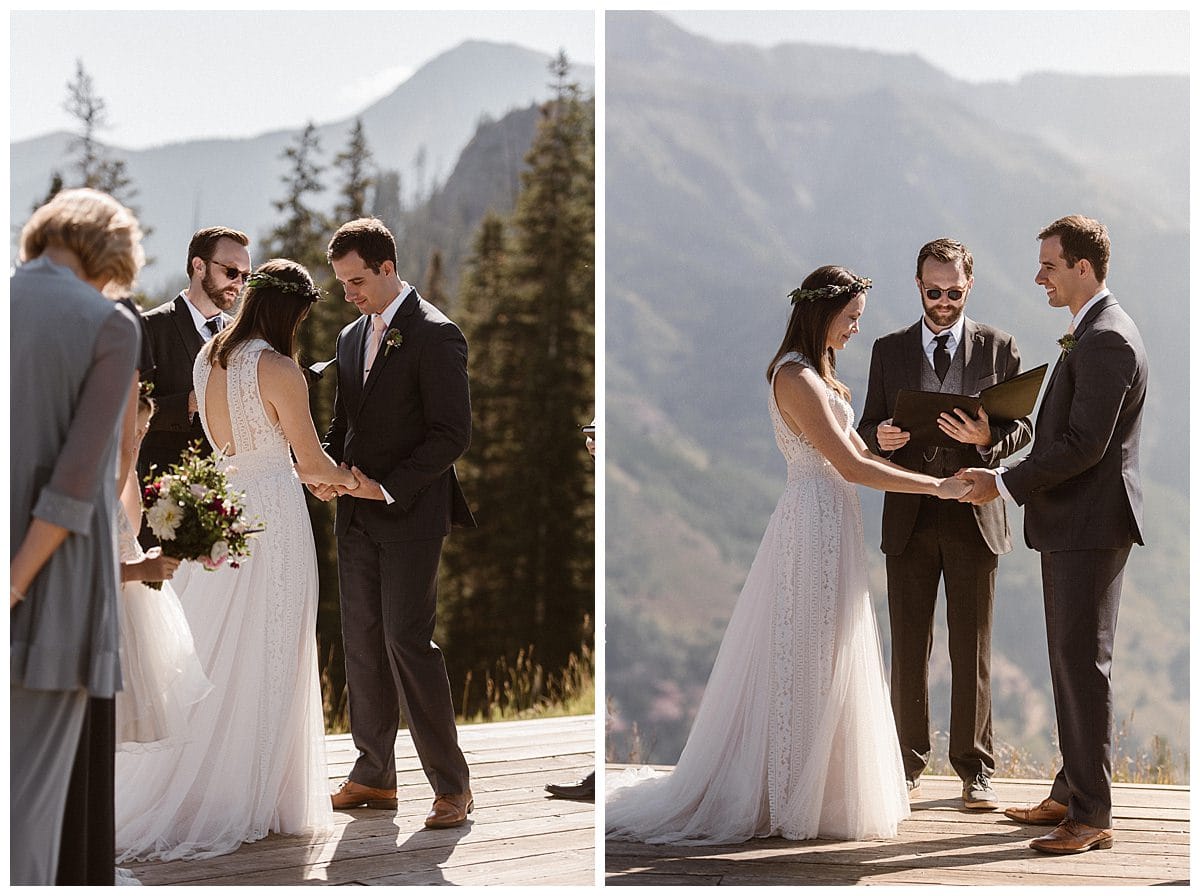 Bride and groom hold hands during intimate elopement ceremony at the San Sophia Overlook at Telluride Ski Resort in Colorado. 