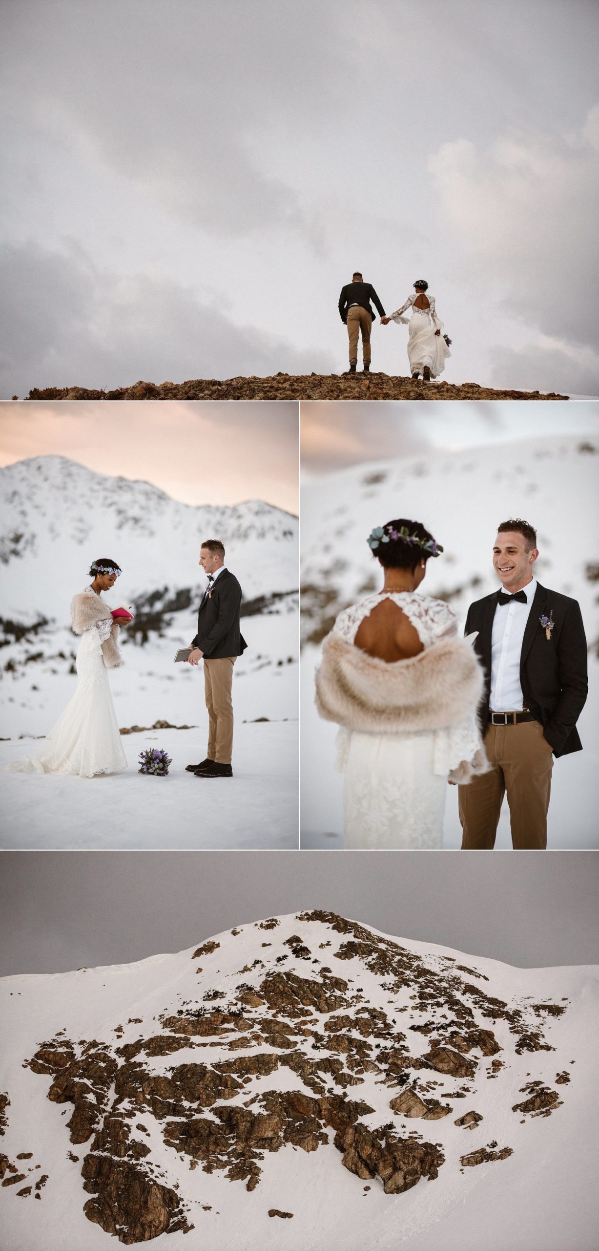 Bride and groom during intimate elopement ceremony at Loveland Pass, in Colorado. 